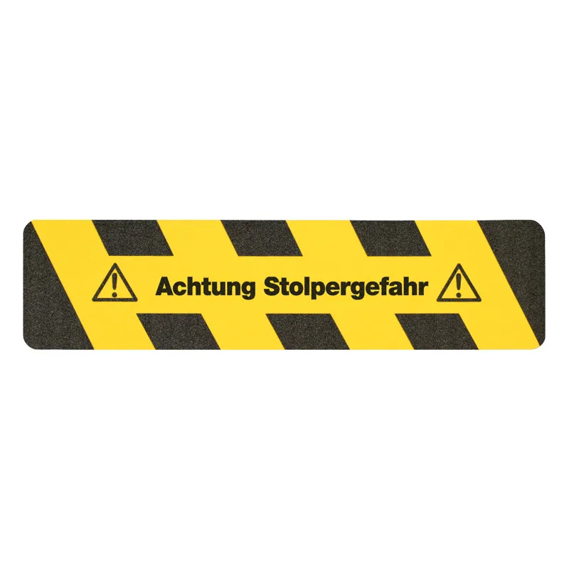 Produktbild der Mehlhose Antirutschbelag Warnmarkierung in Schwarz/Gelb mit "Achtung Stolpergefahr" Text, ideal f?r rutschfeste Sicherheit in Innen- und Au?enbereichen.