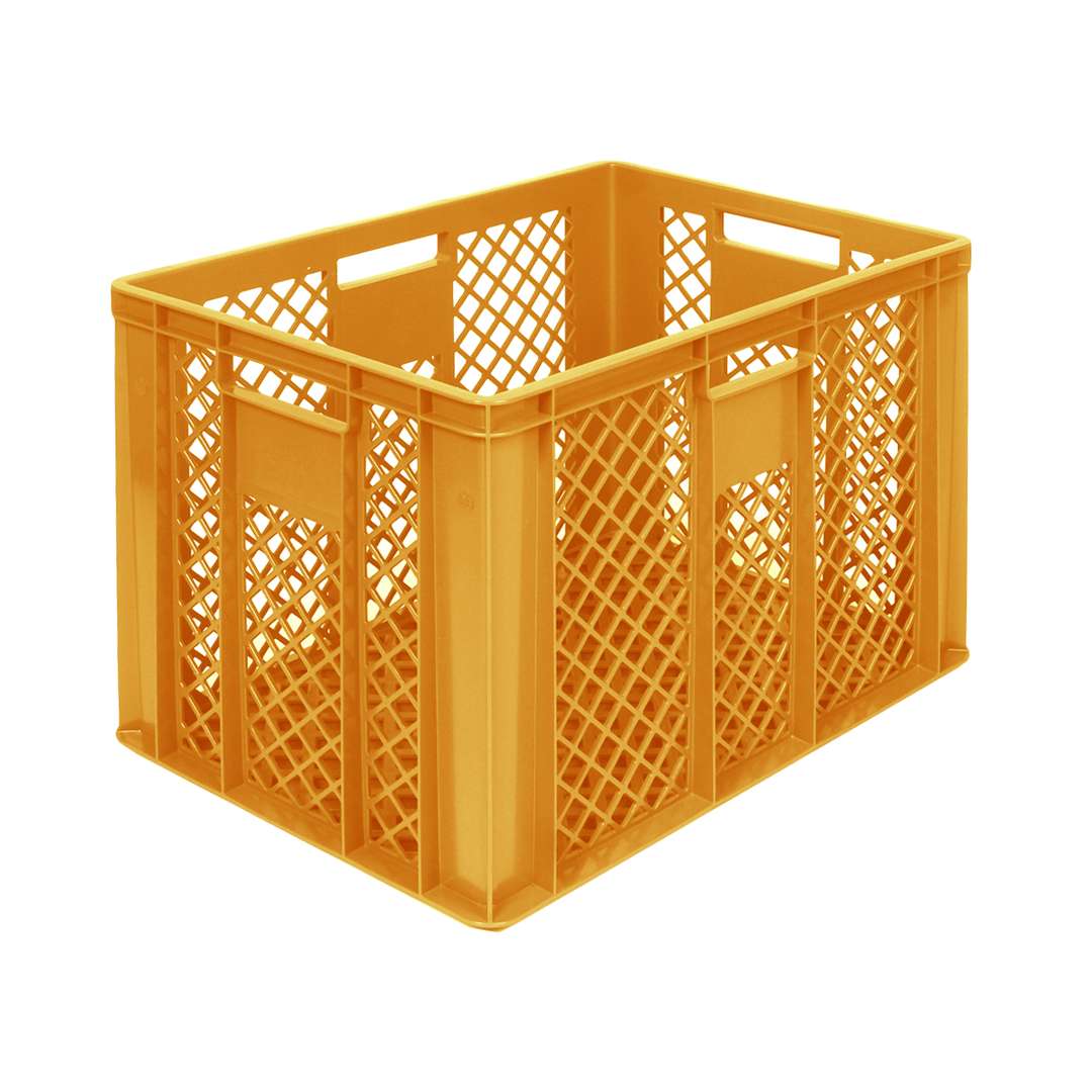 Entdecken Sie den robusten Transportkorb 600x400x410 mm in Orange – ideal für Brot- und Backwaren. Optimale Belüftung und stapelbar für effiziente Logistik!