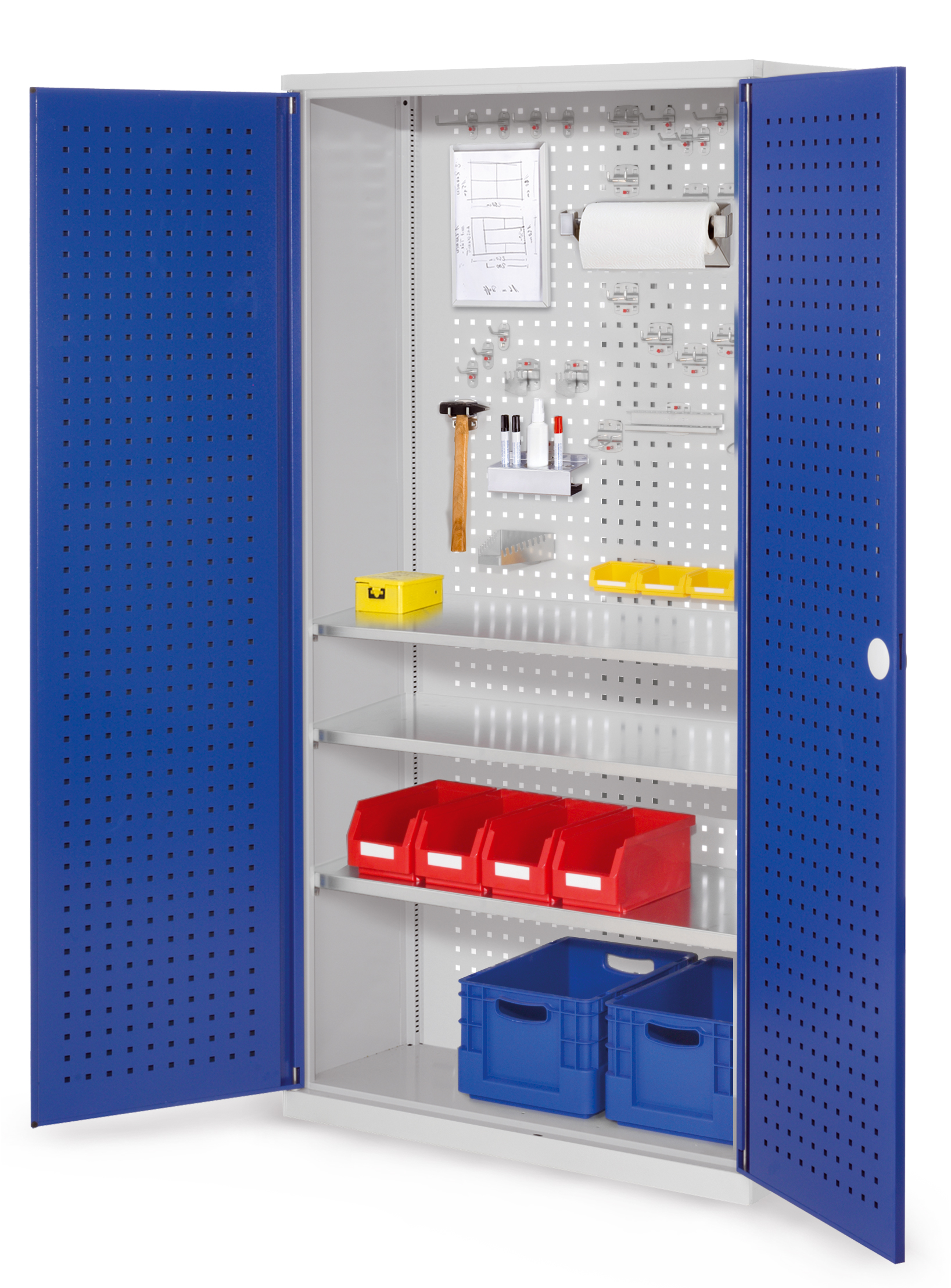 Der RasterPlan Werkzeugschrank Modell 6 410 von Kappes Systeme bietet robuste Aufbewahrung mit verstellbaren Fachböden und sicherem Zylinderschloss in elegantem Design.