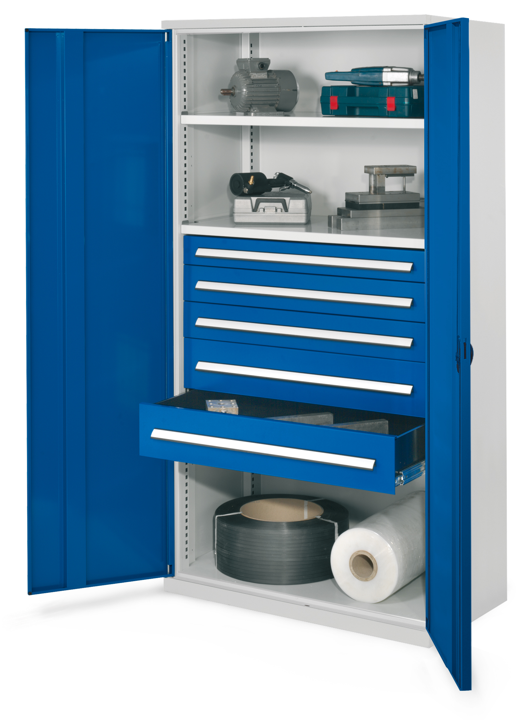 Schwerlastschrank von Kappes Systeme, Modell 44, lichtgrau/blau, 1950x1000x600 mm, mit Vollblechtür, 5 Schubladen, bis 1,65 Tonnen belastbar, robust und sicher.