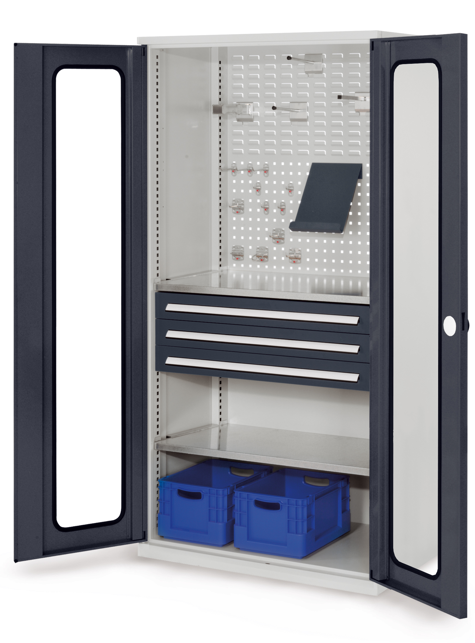 Der RasterPlan Schubladenschrank Modell 32 von Kappes Systeme GmbH bietet mit robustem Stahl, verstellbaren Fachböden und integrierter Werkbankplatte effiziente Lagerung.
