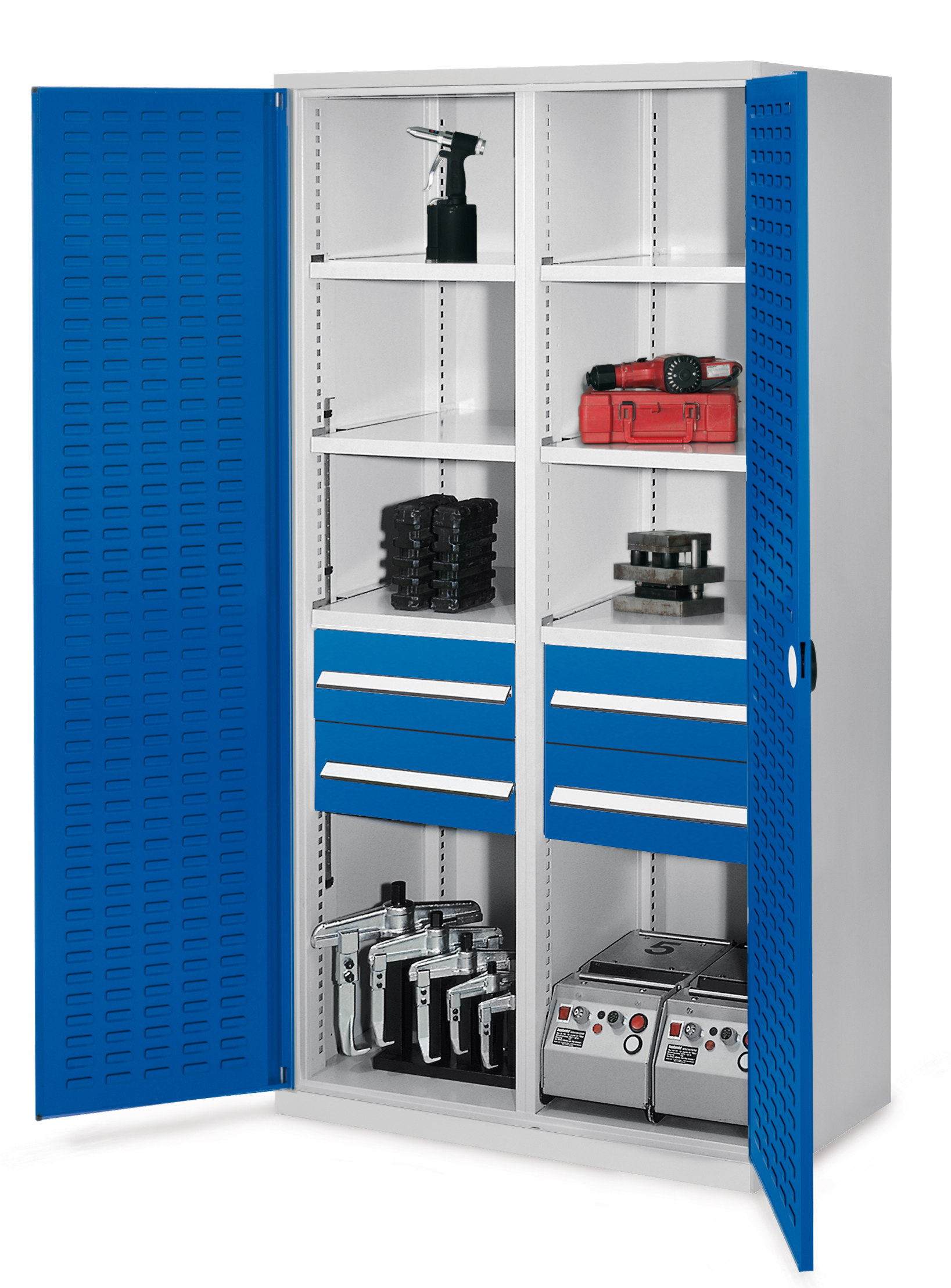 Schwerlastschrank von Kappes Systeme: Robuste Stahlkonstruktion mit Mitteltrennwand, vier Schubladen, drei Fachböden, RAL7035/5010, bis 1,65 Tonnen belastbar.