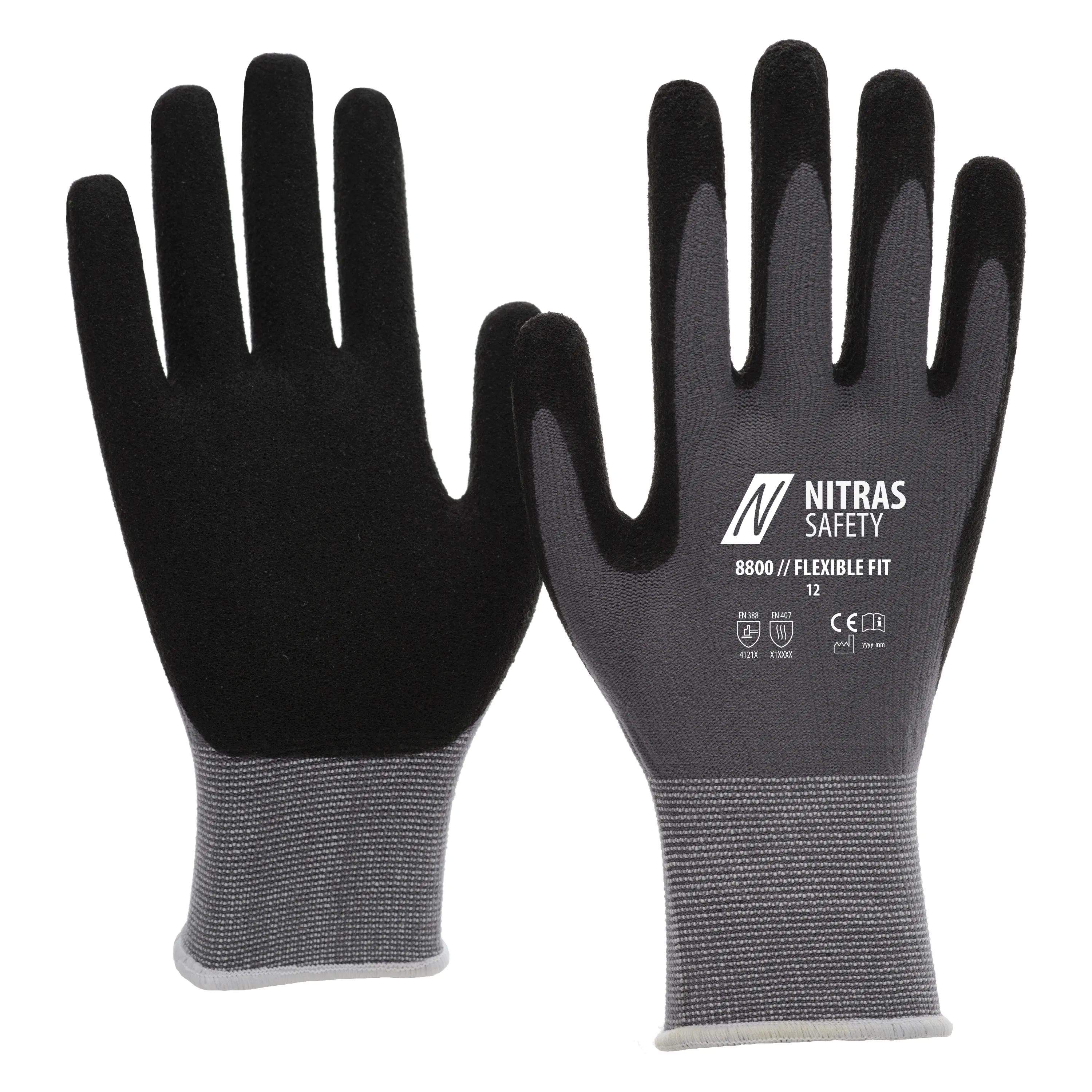 NITRAS FLEXIBLE FIT Strickhandschuhe bieten optimalen Schutz und Komfort mit grauem Stretch-Strick und schwarzer Spezialbeschichtung f?r sicheren Griff.