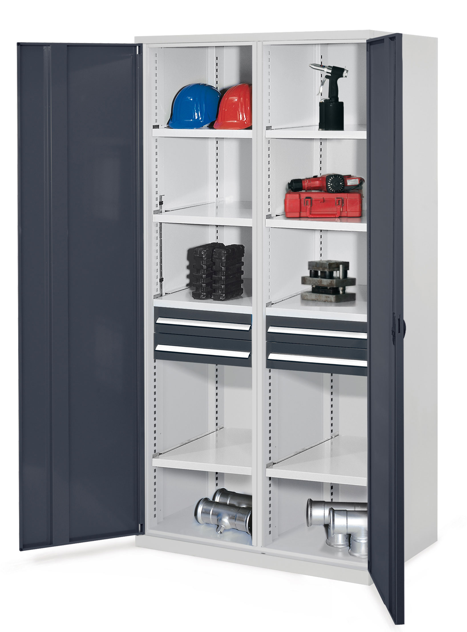 Schwerlastschrank von Kappes Systeme GmbH: Robuste Stahlkonstruktion, Vollblechtüren, flexible Lageroptionen, ideal für schwere Werkzeuge und Materialien.