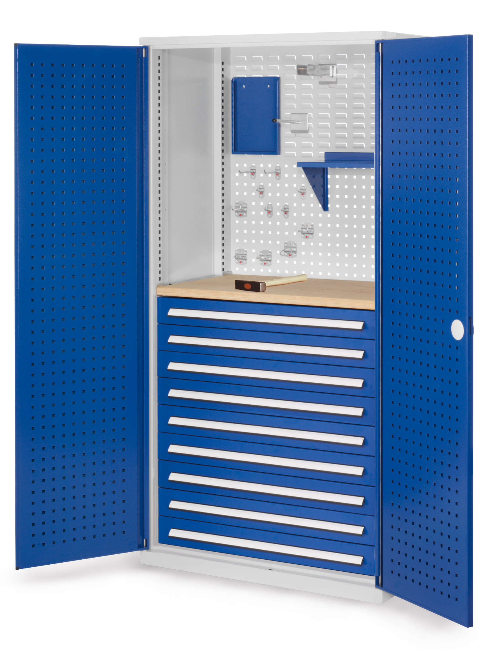 Der RasterPlan Schubladenschrank Modell 17 von Kappes Systeme bietet mit neun Schubladen und einer robusten Werkbankplatte eine effiziente Lösung für die Werkzeuglagerung.