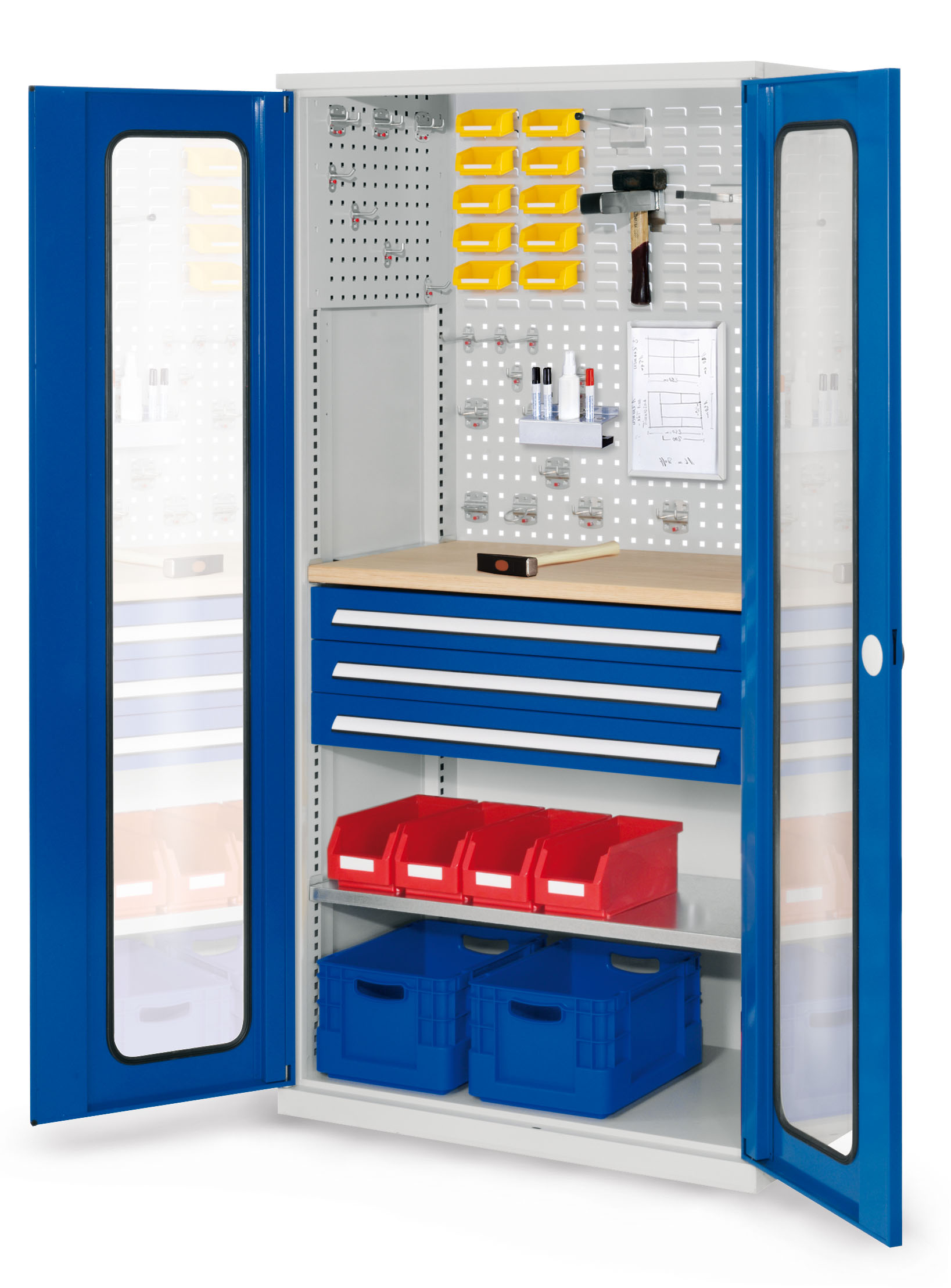 ®RasterPlan Schubladenschrank Modell 35 RAL 7035/5010. Sichtfenstertür. 1950 x 1000 x 600 mm 3 Schubladen H 100 mm 1 Fachboden verzinkt 1 Werkbankplatte Multiplex.