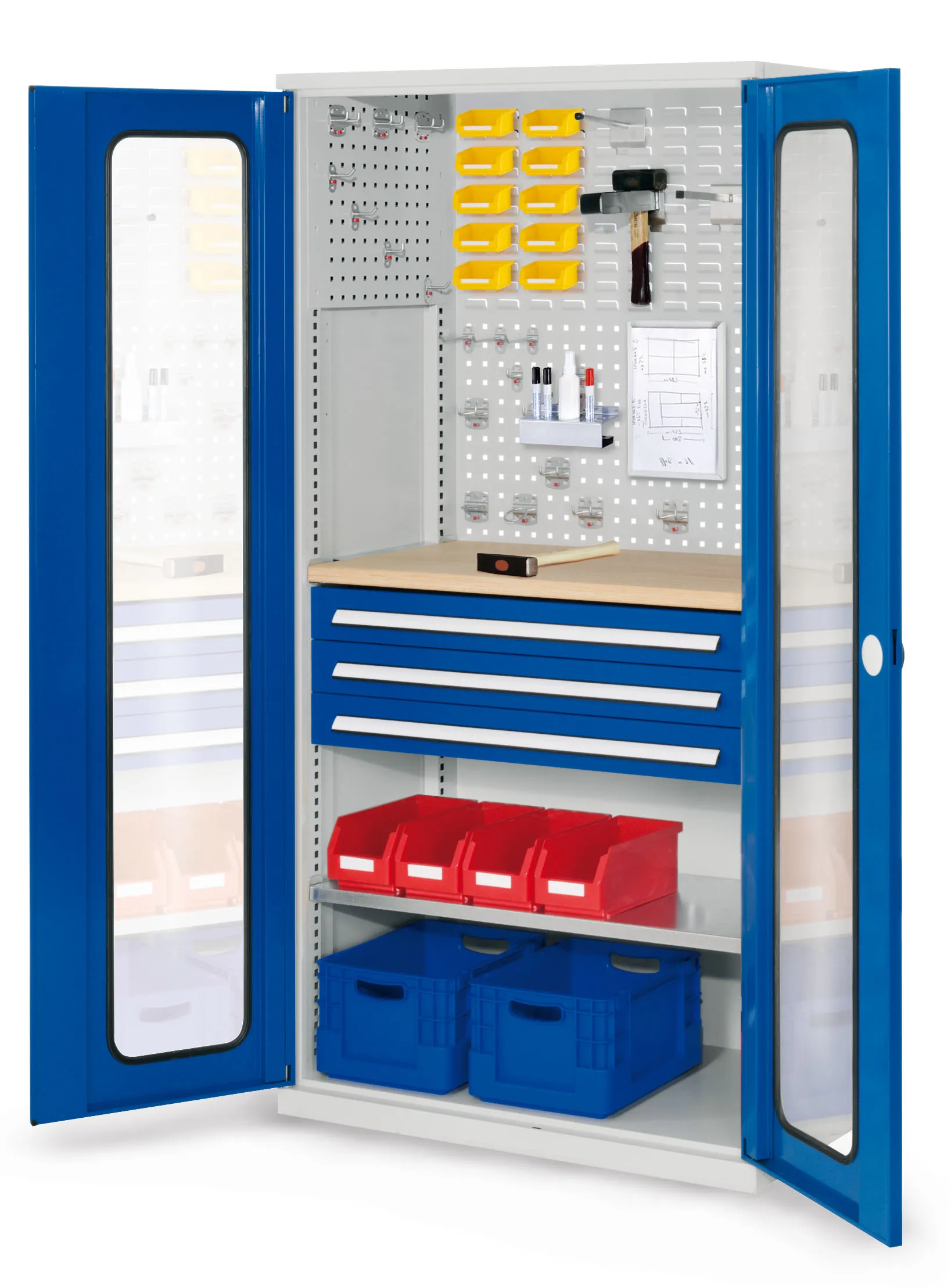 Der RasterPlan Schubladenschrank Modell 35 von Kappes Systeme GmbH bietet robuste Lagerung mit Sichtfenstert?r, verstellbaren Fachb?den und integrierter Werkbankplatte.