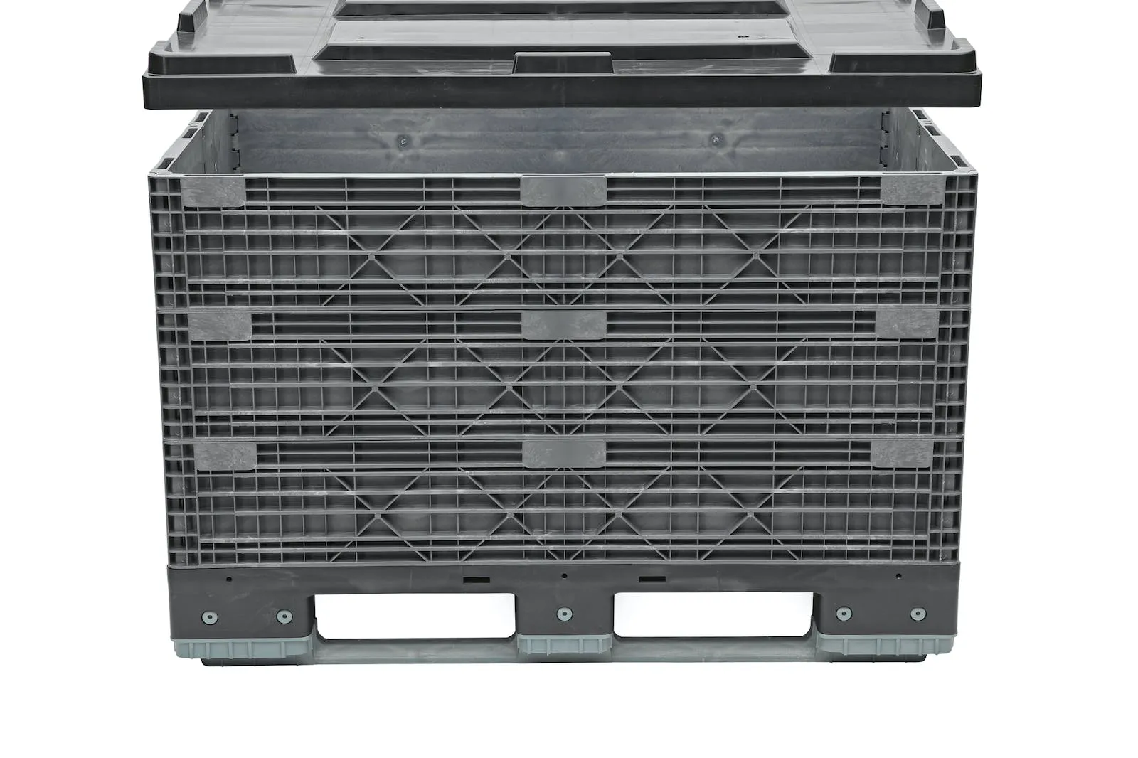 Purus Großbehälter mit klappbarem Modulaufsatz, robust und erweiterbar, trägt bis 4.000 kg statisch. Ideal für Hochregale, unterfahrbar von allen Seiten.