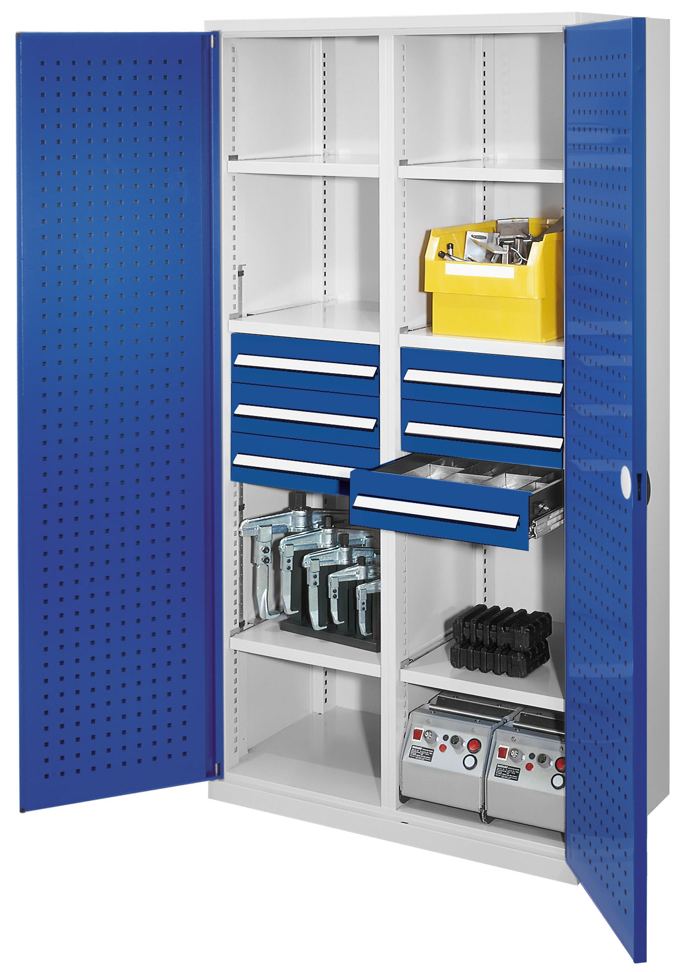 Schwerlastschrank mit Mitteltrennwand 1950 x 1000 x 600 mm Mod 53 RAL7035/5010. Türinnenseite: ®RasterPlan Lochplatten 6 Schubladen H 125 mm 3 Fachboden links verzinkt 3 Fachboden rechts verzinkt.
