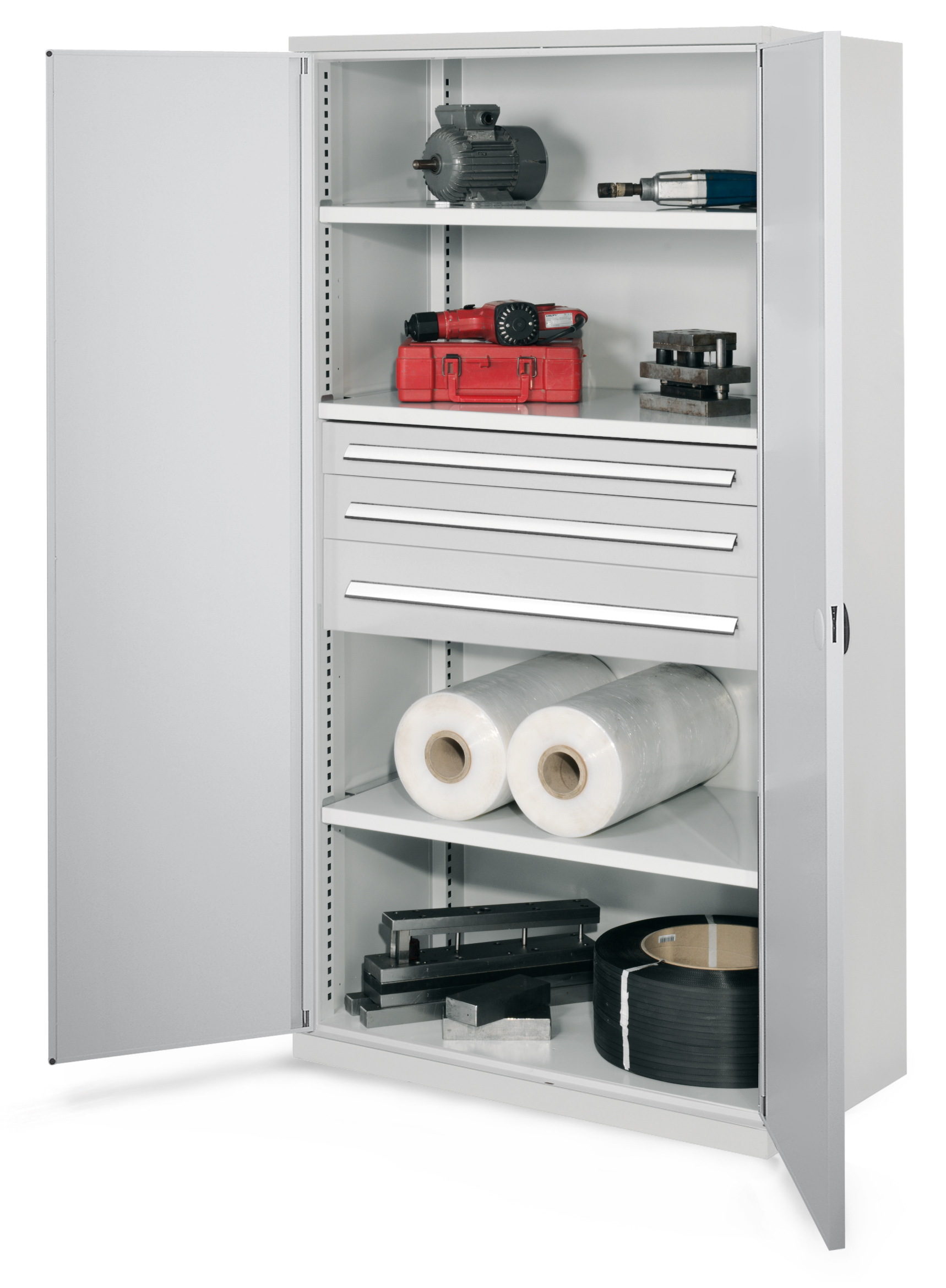 Schwerlastschrank Mod 46 von Kappes Systeme: Robuste Stahlkonstruktion, 1,65 Tonnen Kapazität, verstellbare Fachböden, verstärkte Türen, lichtgrau, RAL 7035.