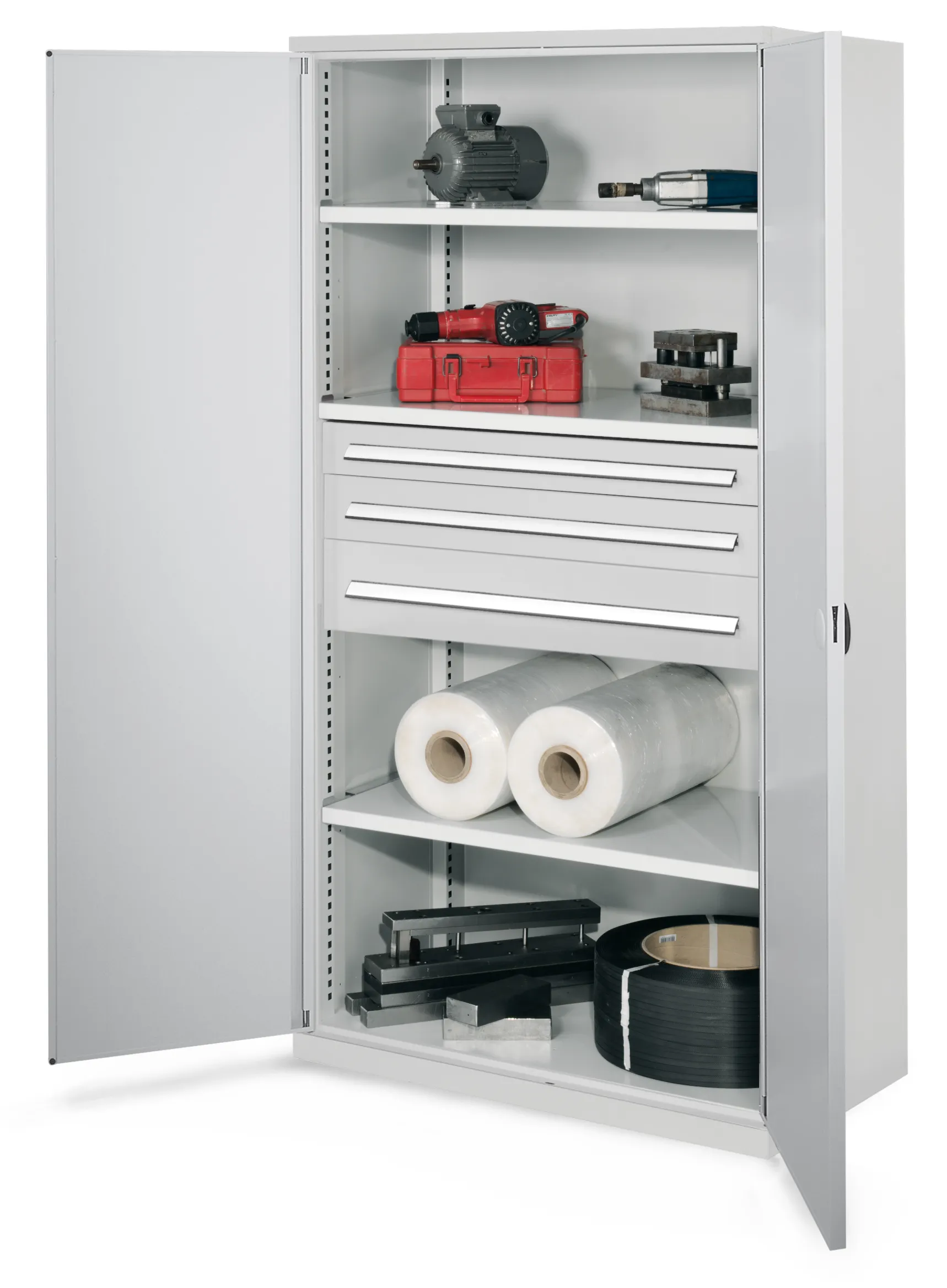 Schwerlastschrank Mod 46 von Kappes Systeme: Robuste Stahlkonstruktion, 1,65 Tonnen Kapazität, verstellbare Fachböden, verstärkte Türen, lichtgrau, RAL 7035.