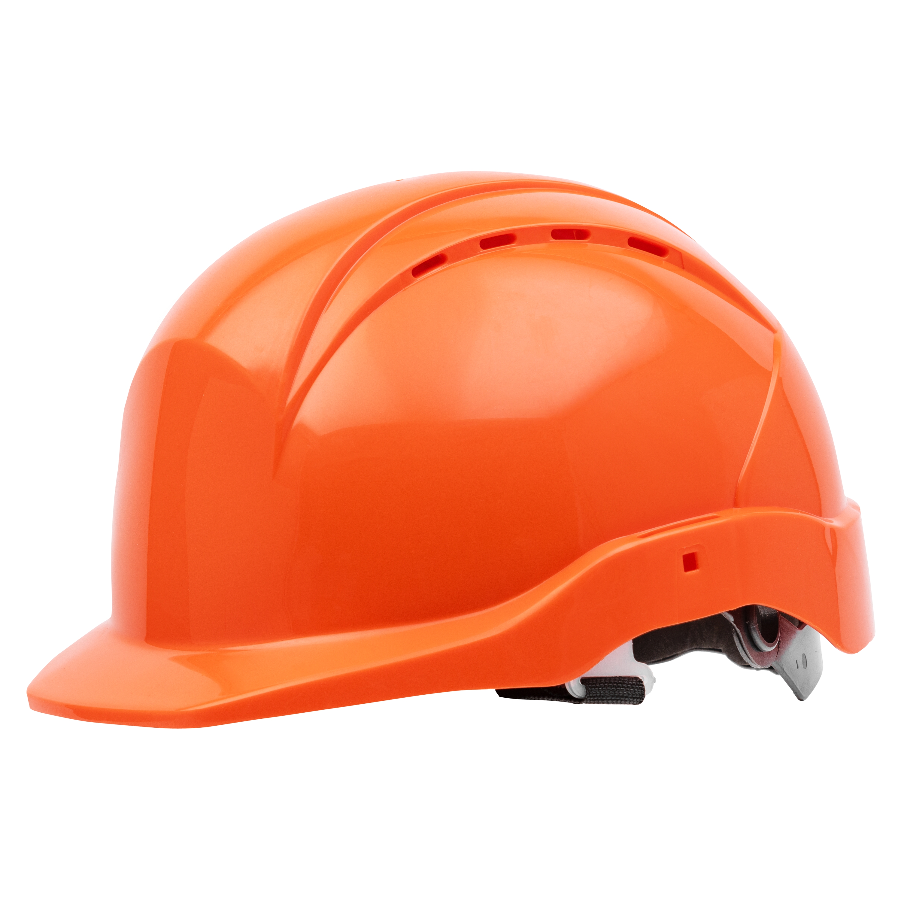 Der NITRAS HEAD PROTECT Industrieschutzhelm in leuchtendem Orange bietet optimalen Schutz und Komfort mit verstellbarem Kinnriemen und Belüftungsschlitzen.