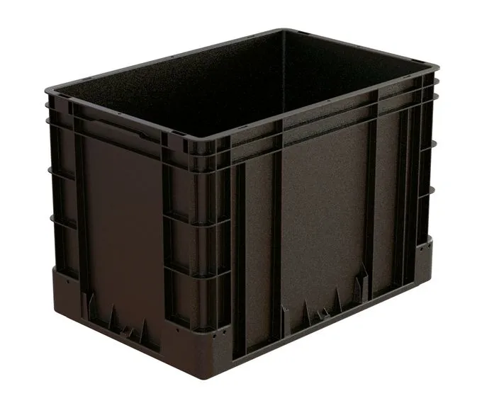 Der schwarze ESD-Beh?lter Silverline von Bekuplast (600x400x420 mm) sch?tzt empfindliche Bauteile vor statischen Entladungen und bietet 80 l Volumen bei leichtem Gewicht.