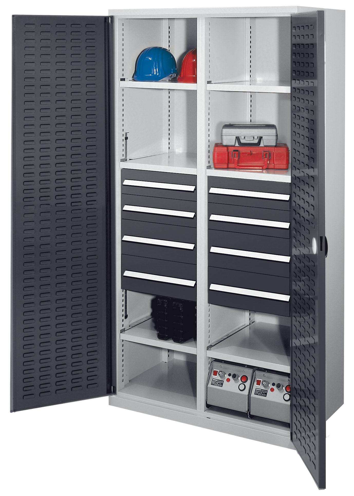 Schwerlastschrank mit Mitteltrennwand 1950 x 1000 x 600 mm Mod 54 RAL 7035/7016. Türinnenseite: ®RasterPlan Schlitzplatten 4 Schubladen H 100 mm 4 Schubladen H 175 mm 3 Fachboden links verzinkt 3 Fachboden rechts verzinkt.