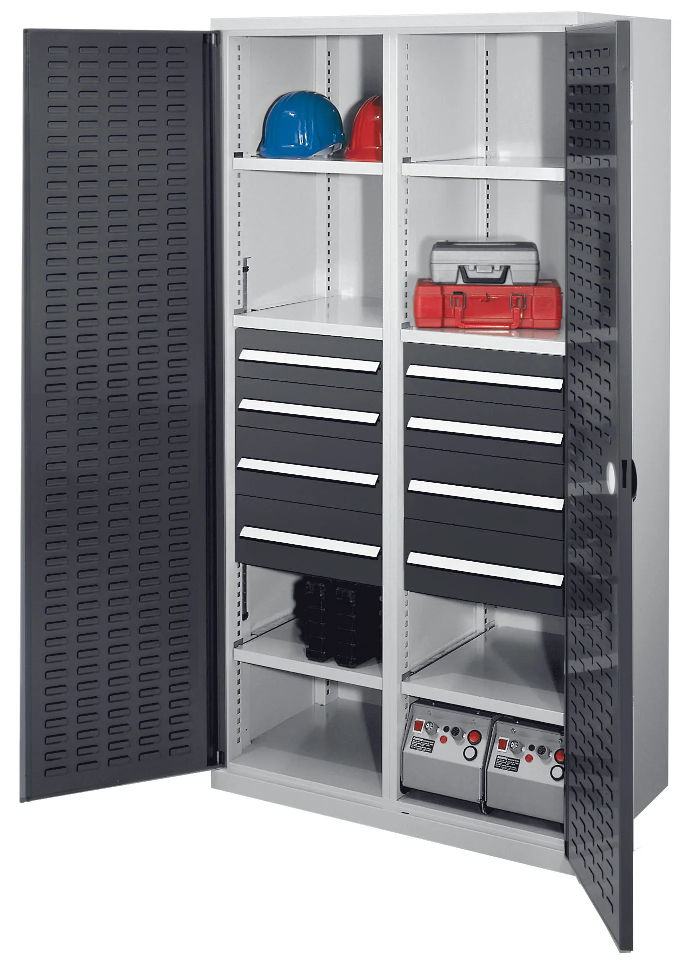 Der Schwerlastschrank von Kappes Systeme GmbH bietet robuste Stahlkonstruktion, flexible Schubladen und Fachb?den, sowie ein sicheres Zylinderschloss. Ma?e: 1950x1000x600 mm.