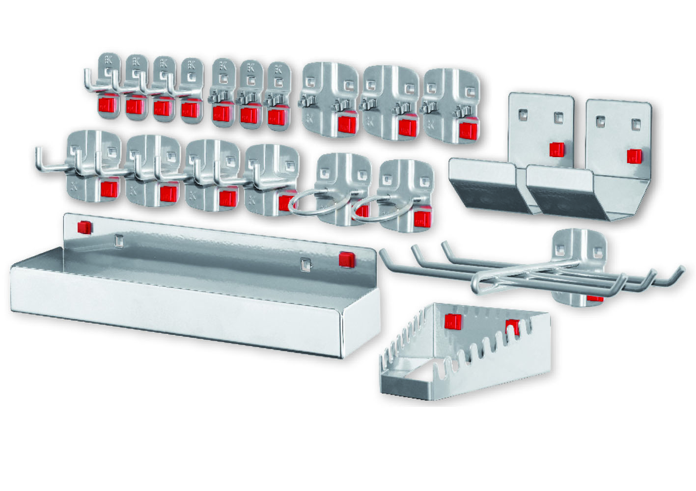 ®RasterPlan/ABAX Werkzeughalter-Sortiment 21-teilig alufarben. 4 Werkzeughalter mit senkr. Ende 4 Doppelter Werkzeughalter 3 Werkzeugklemmen 3 Doppelte Werkzeugklemmen 2 Maschinenhalter 1 Werkzeughalter 6-fach 2 Rohrhalter 1 Schraubenschlüsselhalter