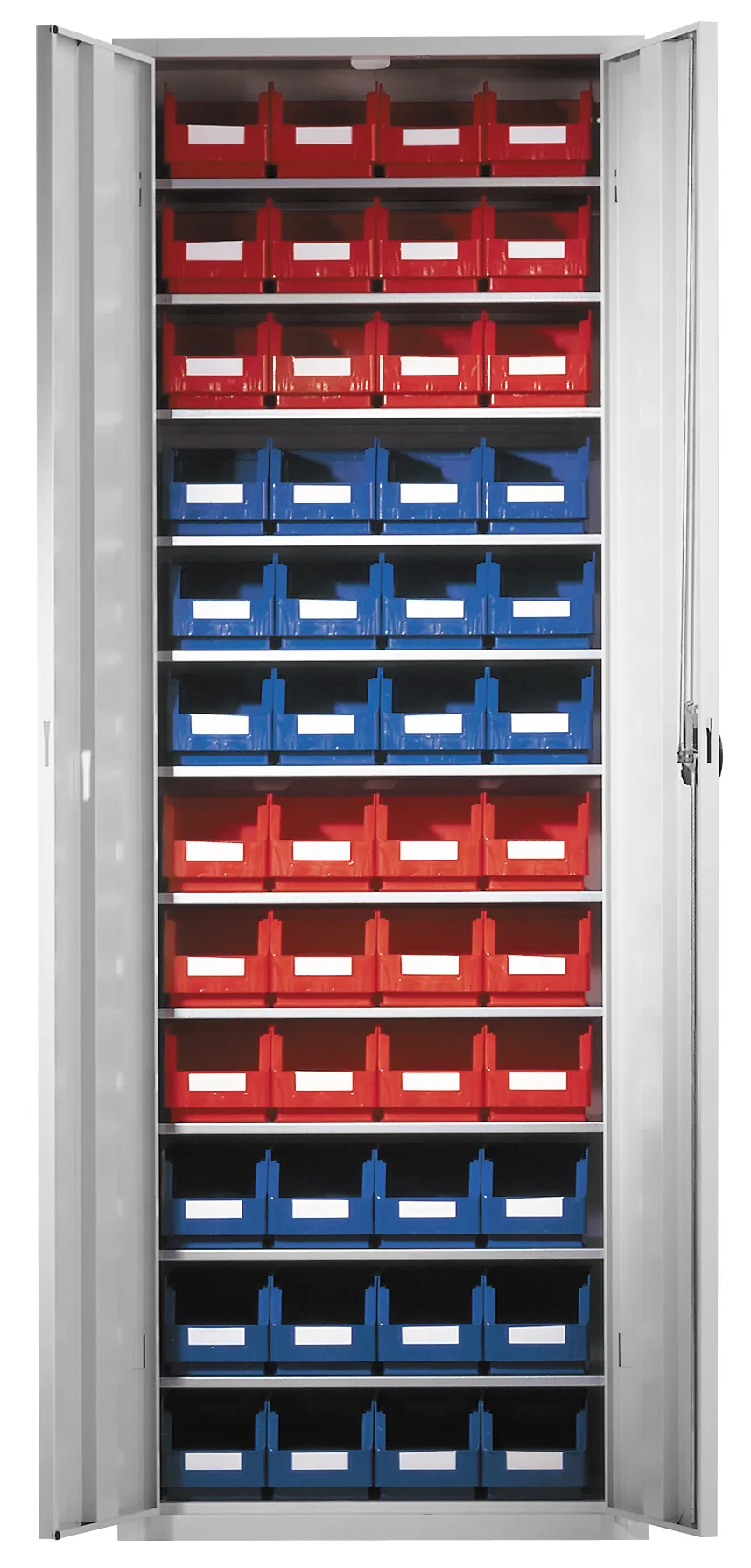 Ordnungsschrank Modell 33 von Kappes Systeme: Robuste Stahlkonstruktion, lichtgrau, mit 48 Lagersichtkästen. Türen öffnen über 180°, sicher verschließbar.