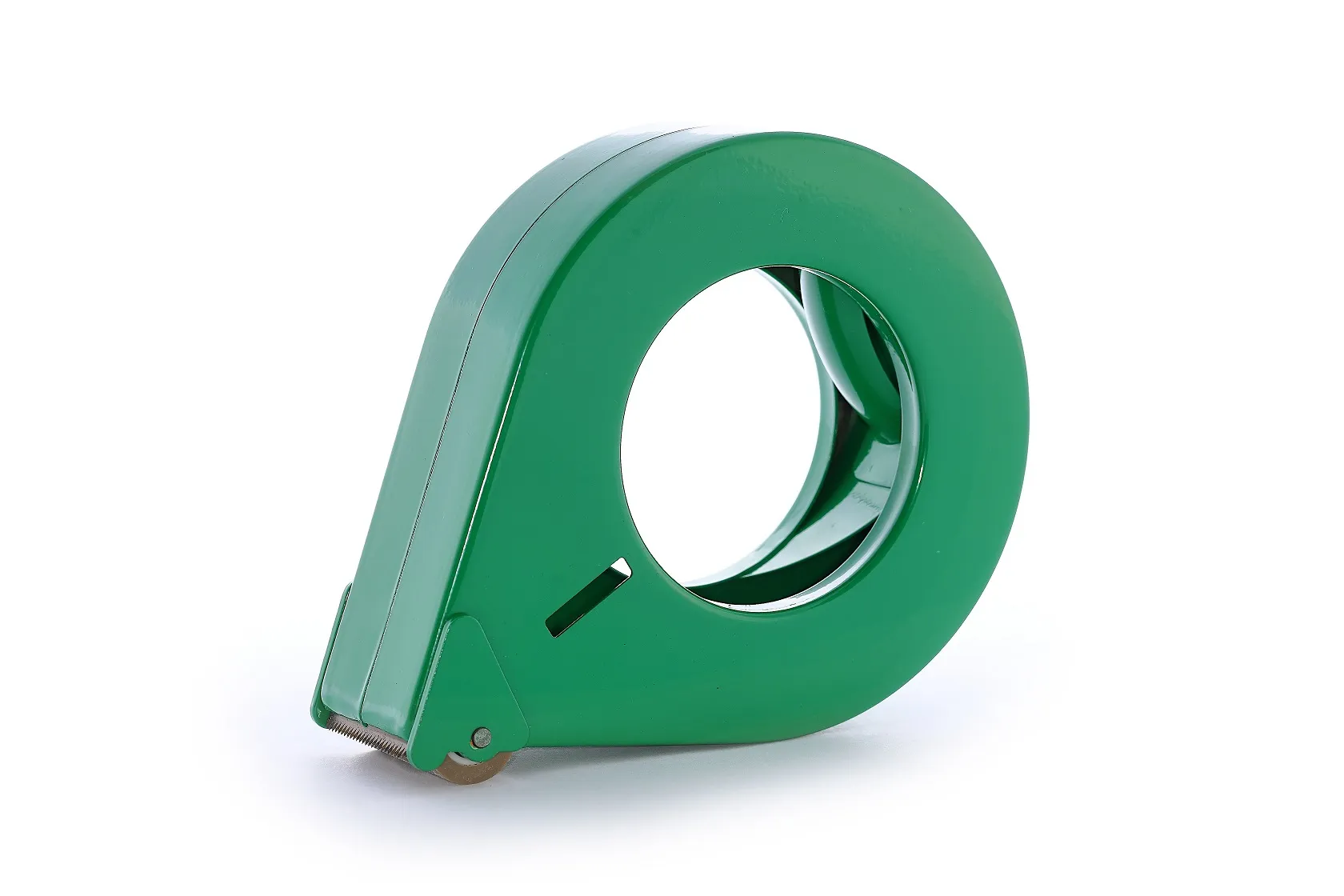 Grüner Handabroller von Traydon GmbH für Klebebänder bis 122 mm Durchmesser und 38 mm Breite, mit robuster Karbonstahlklinge und Stahlbremse, 0,415 kg leicht.