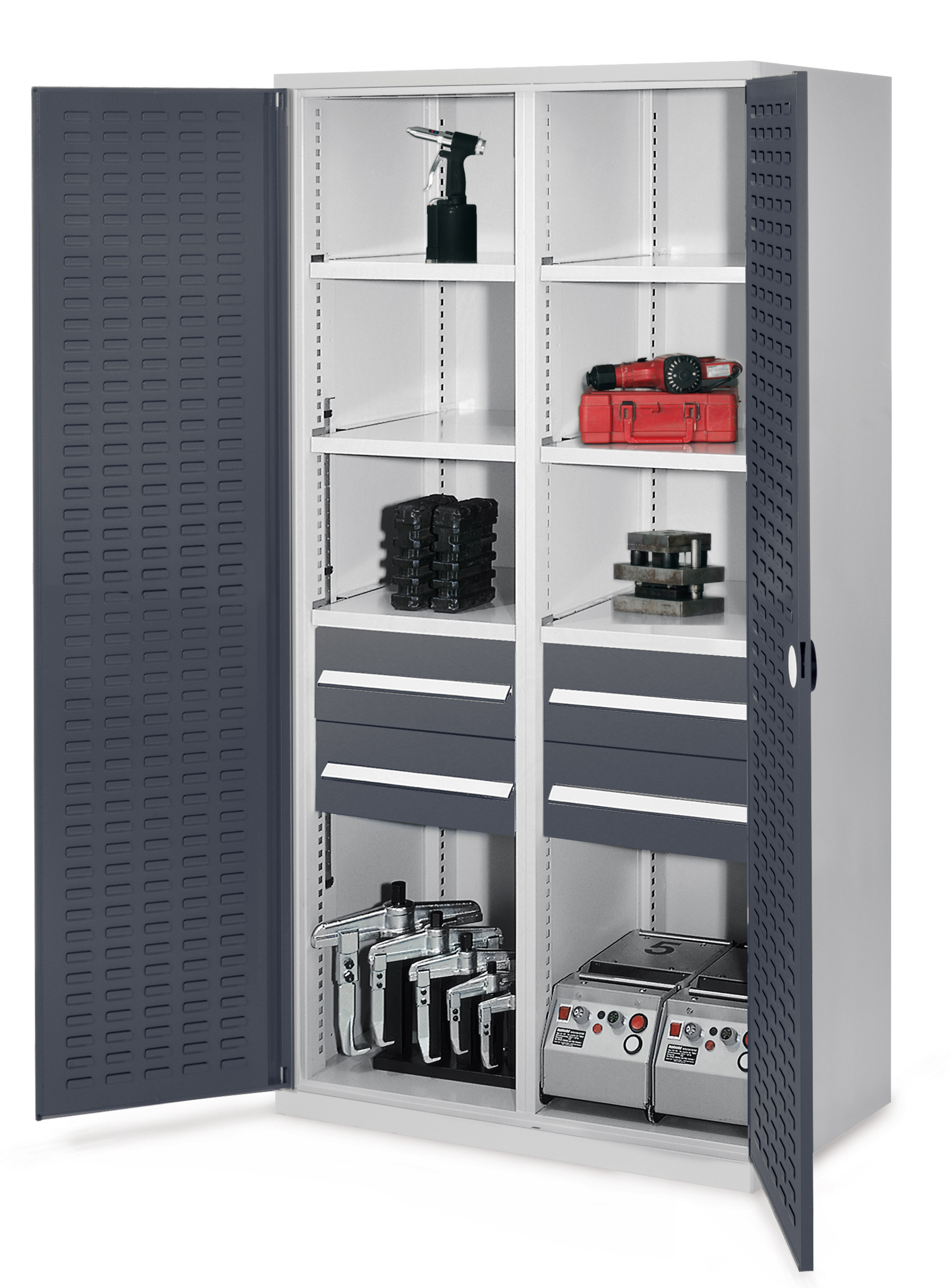 Der Schwerlastschrank Modell 52 von Kappes Systeme GmbH in RAL7035/7016 bietet robuste Lagerung für Werkzeuge, mit 1,65 Tonnen Tragkraft und vielseitigen Sicherheitsfunktionen.