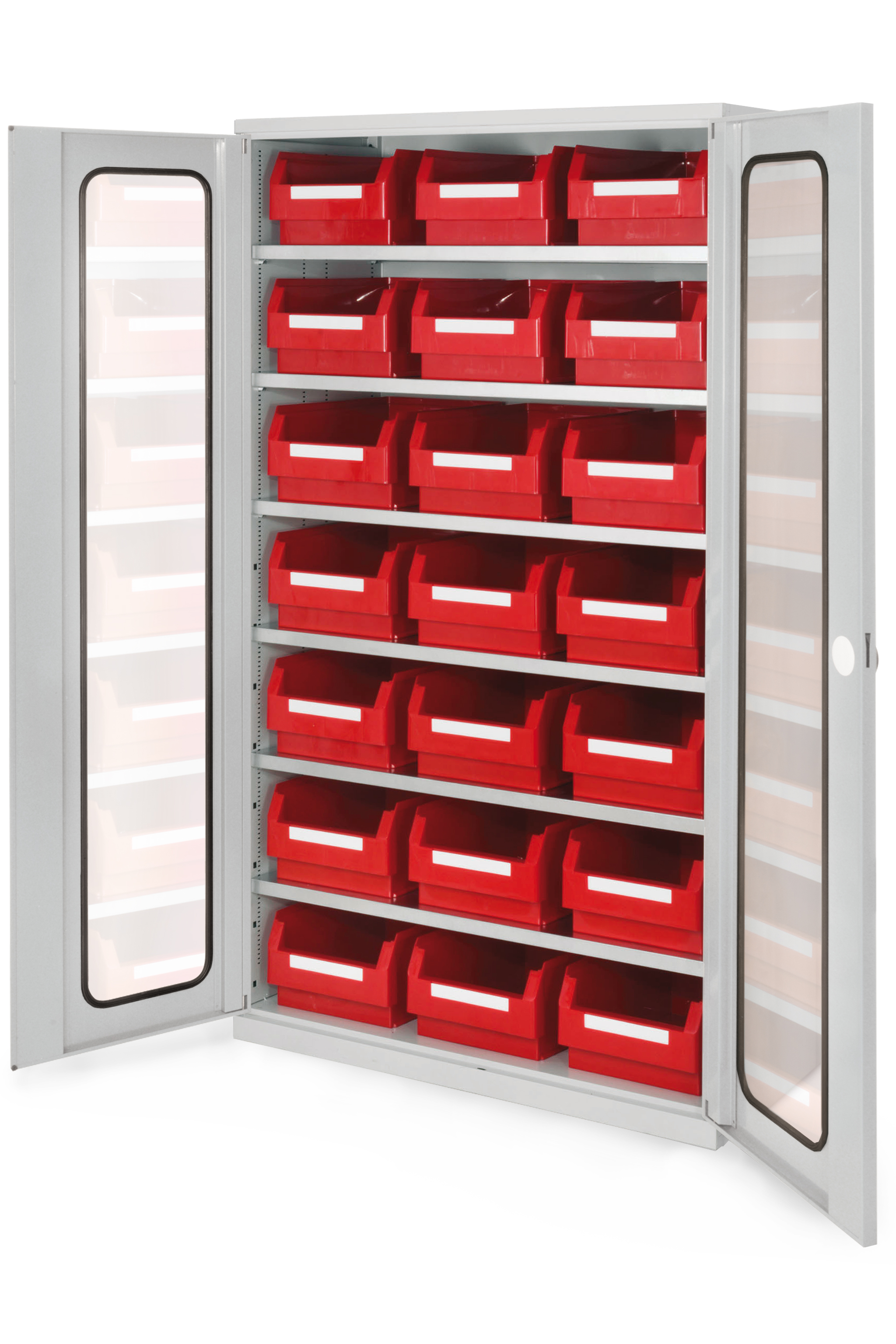 Großraumschrank Modell 13 RAL 7035 1950 x 1130 x 590 mm. Sichtfenstertüren inklusiv Lagersichtkasten 21 x Größe 2.