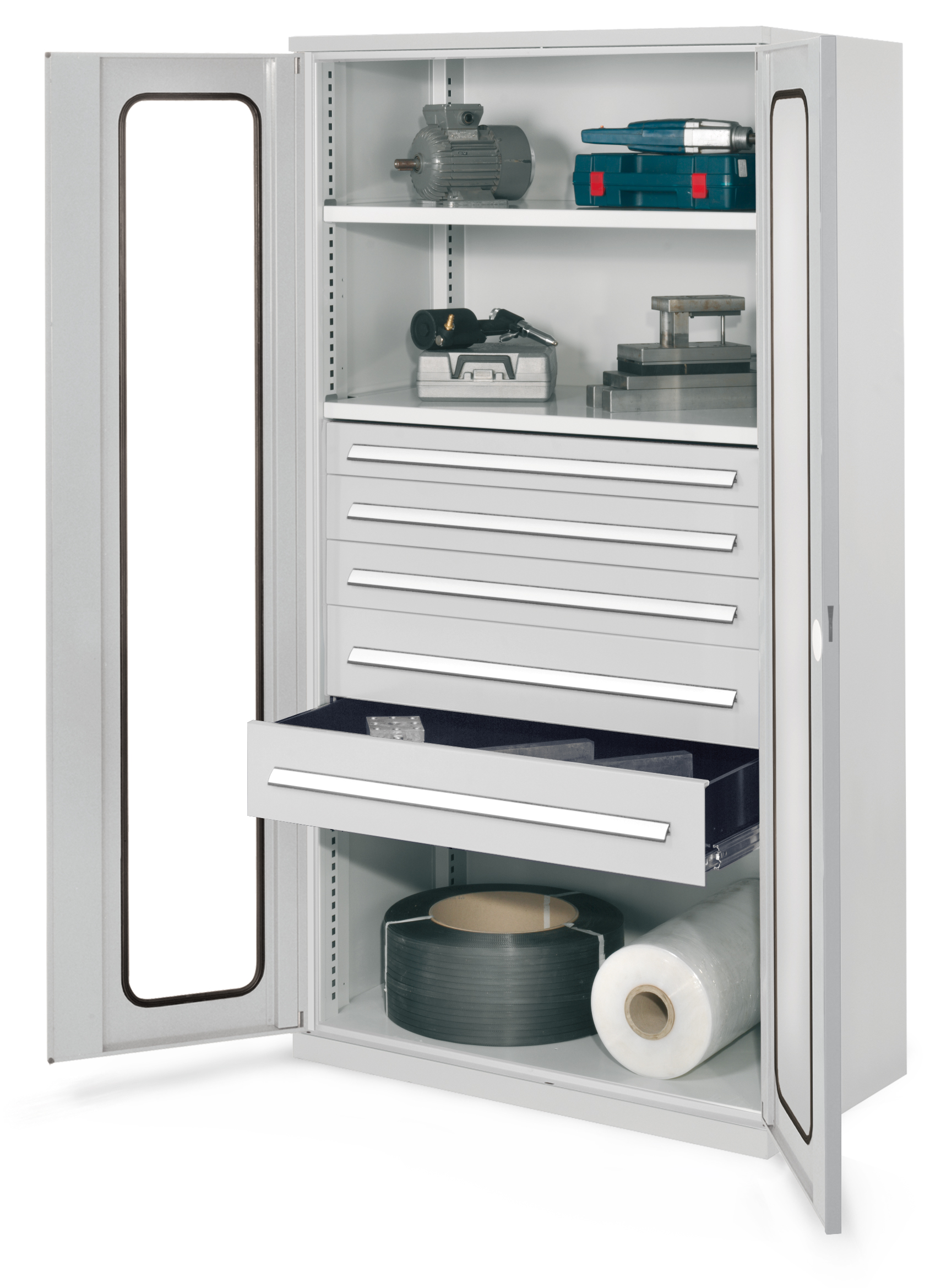 Der Schwerlastschrank Mod 44 von Kappes Systeme GmbH bietet mit seiner robusten Stahlkonstruktion und Sichtfenstertür sichere Aufbewahrung für schwere Werkzeuge.