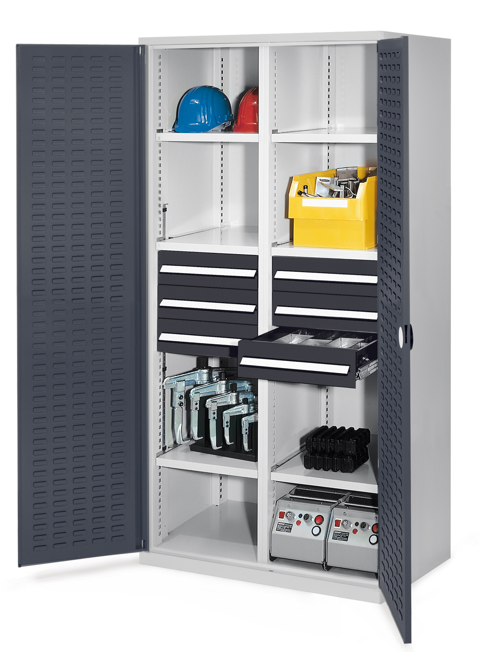 Schwerlastschrank Mod 53 von Kappes Systeme: Robuste Stahlkonstruktion mit Mitteltrennwand, 6 Schubladen, 6 Fachböden, Sicherheits-Zylinderschloss, ideal für Industrie.