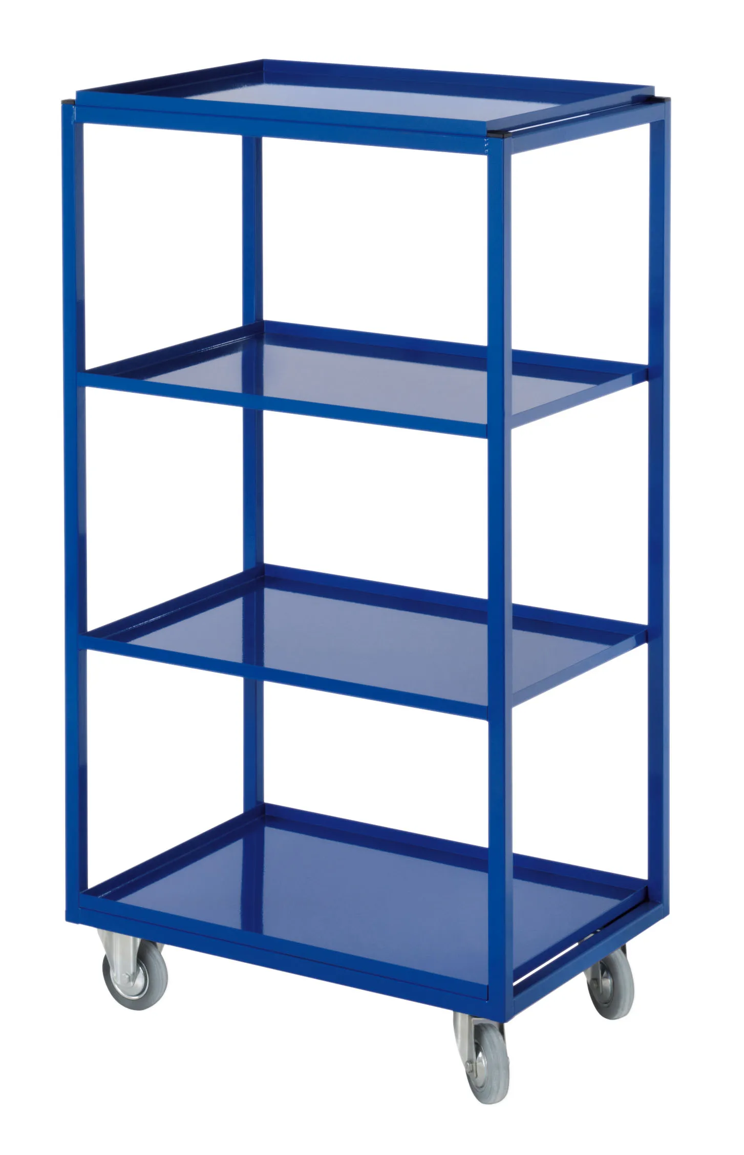 Der Beistell- und Kommissionierwagen RAL5010, Modell 13 von Kappes Systeme, bietet robuste Stahlkonstruktion, flexible Fachb?den und spurlosen Rollen f?r effiziente Nutzung.