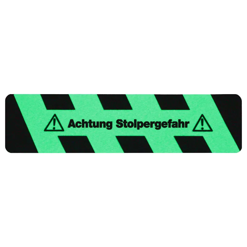 Produktbild des nachleuchtenden Antirutschbelags SG von Mehlhose mit Warntext "Achtung Stolpergefahr", ideal f?r sichere, rutschfeste Bereiche.