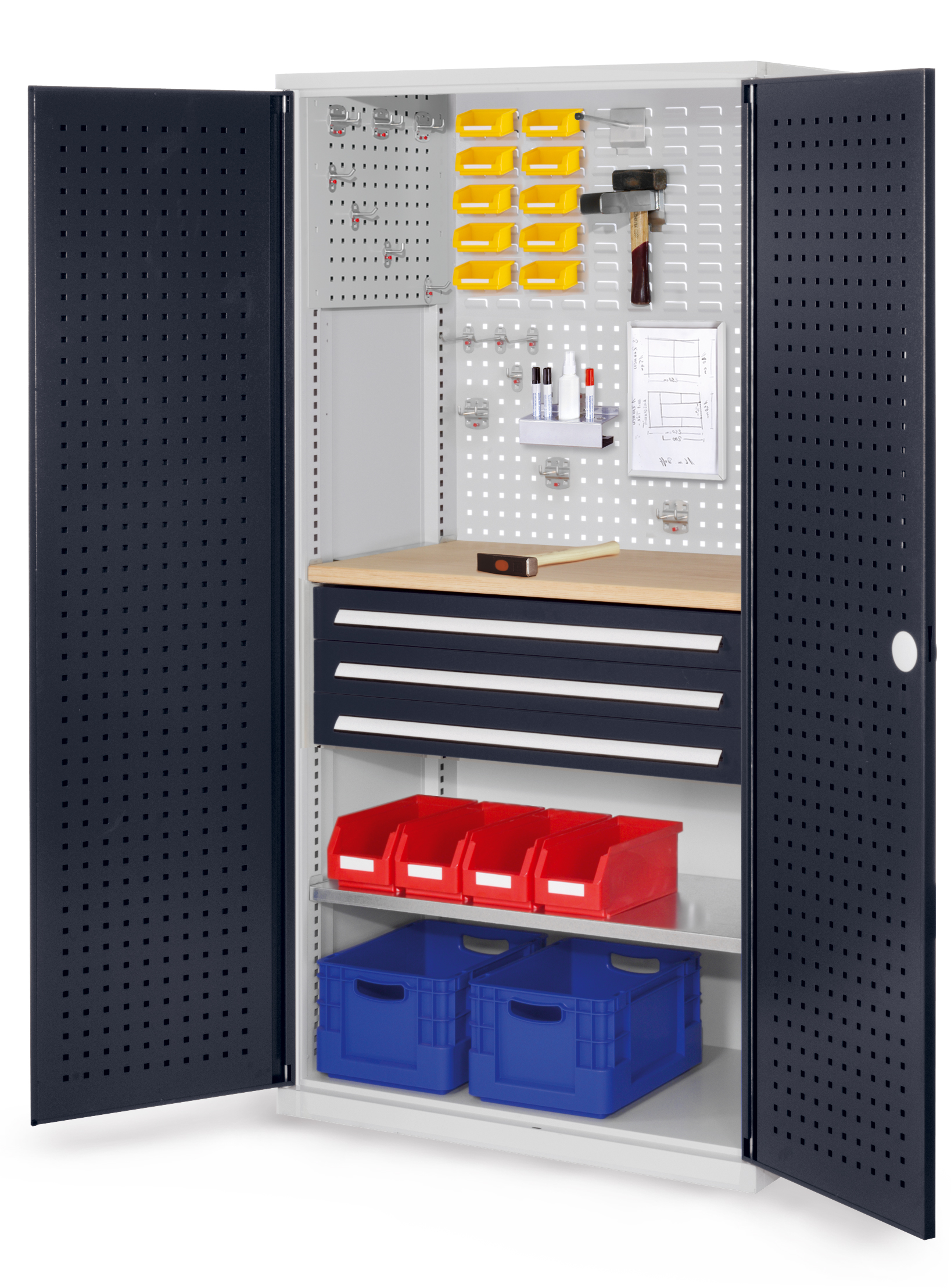 Der RasterPlan Schubladenschrank Modell 15 von Kappes Systeme GmbH bietet robuste Lagerung mit drei Schubladen, verzinktem Fachboden und Multiplex-Werkbankplatte.