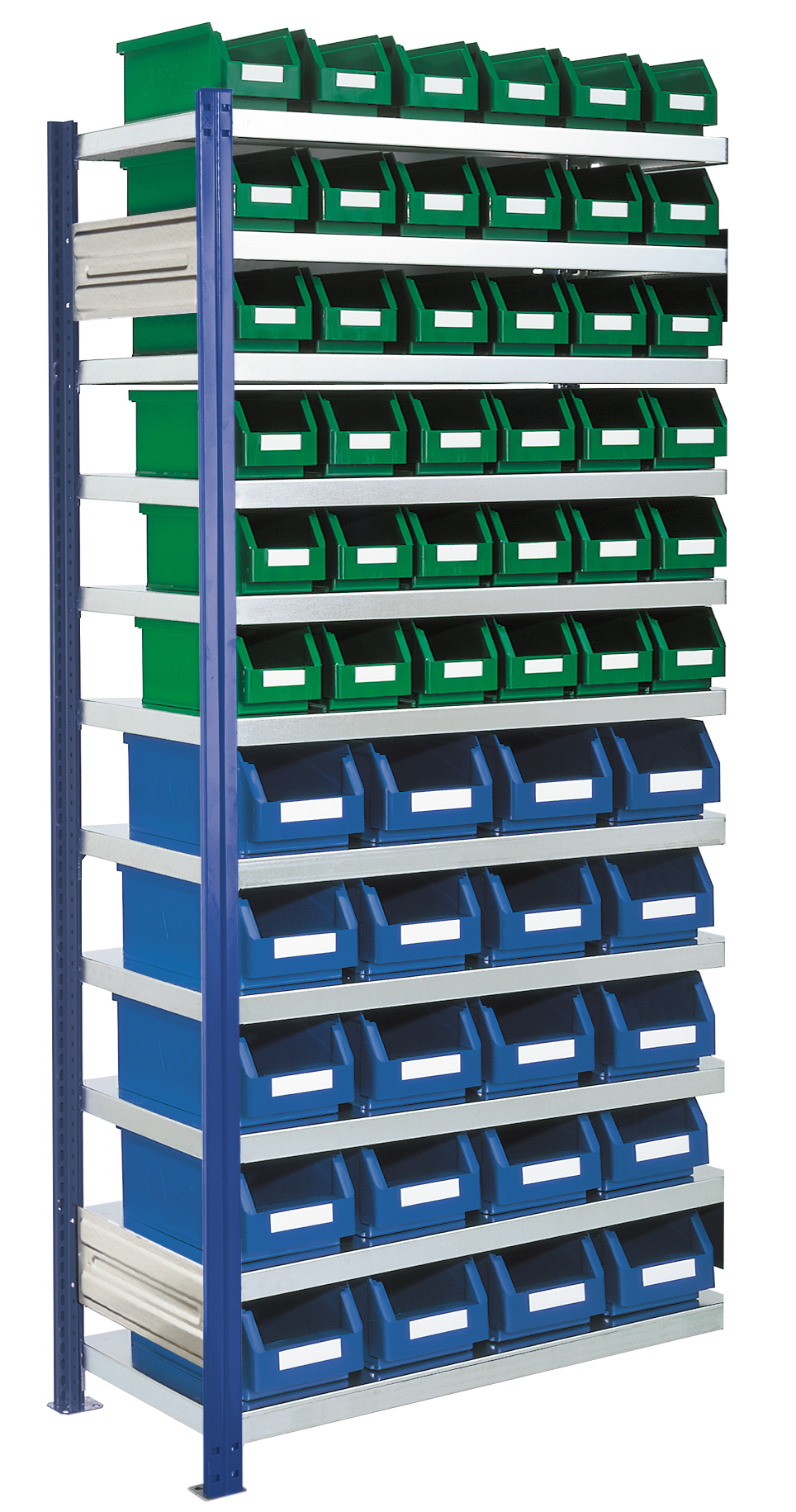 Das RasterPlan Steckregal Modell 14 von Kappes Systeme GmbH bietet flexible Lagerlösungen mit 56 Lagersichtkästen, robuster Bauweise und einfacher Montage.