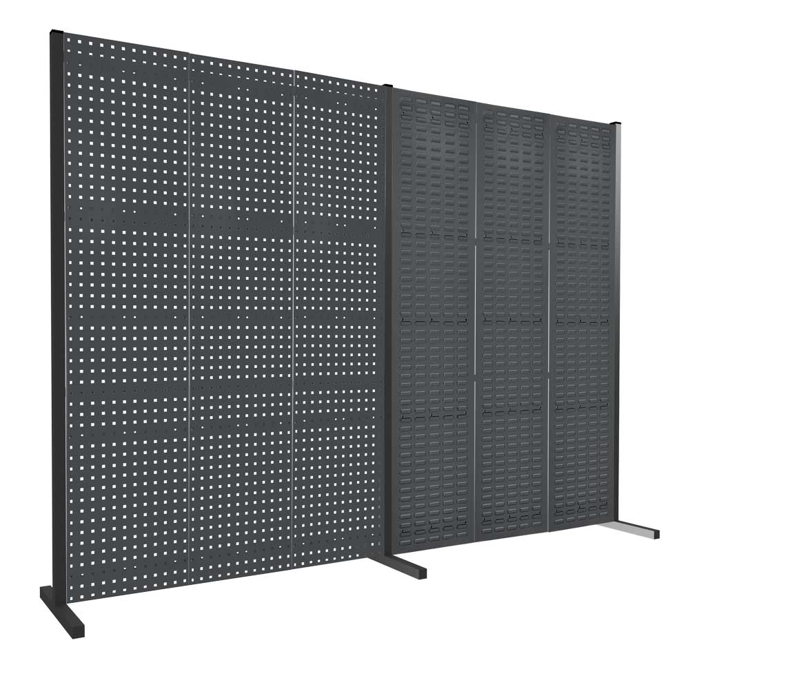 ®RasterPlan Trennwand Doppelfeld 180° 1500 / 1500 mm H2000 mm RAL 7016. Mit 3 ®RasterPlan Lochplatten 3 ®RasterPlan Schlitzplatten.