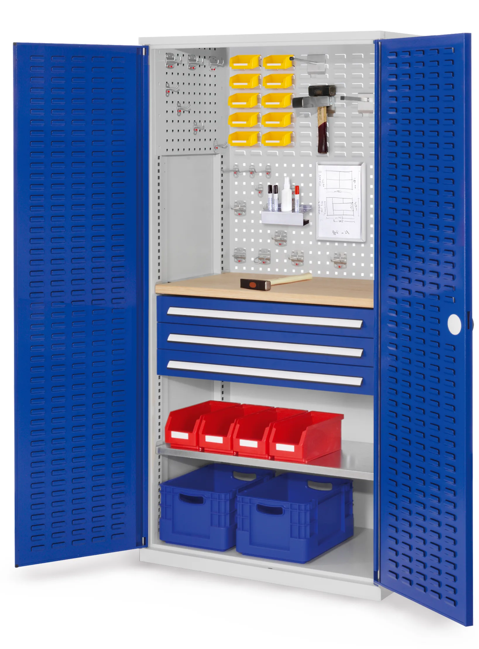 Der RasterPlan Schubladenschrank Modell 25 von Kappes Systeme: Robuste Stahlkonstruktion, kratzfest, mit 3 Schubladen, Werkbankplatte und Sicherheitszylinderschloss.