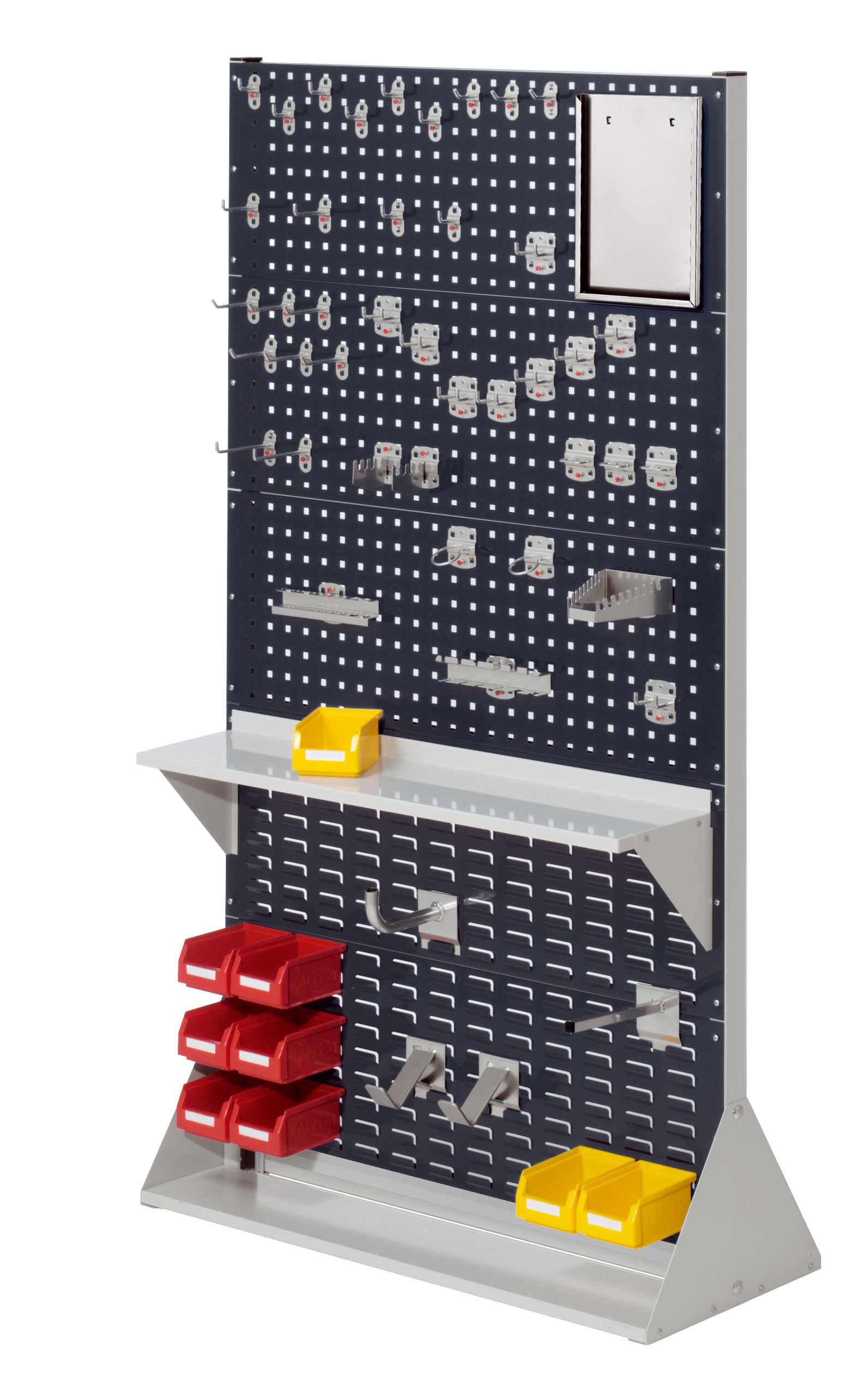 Die doppelseitige ®RasterPlan Stellwand von Kappes Systeme bietet flexible Bestückungsoptionen und robuste Konstruktion in RAL 7035/7016 für langlebige Nutzung.