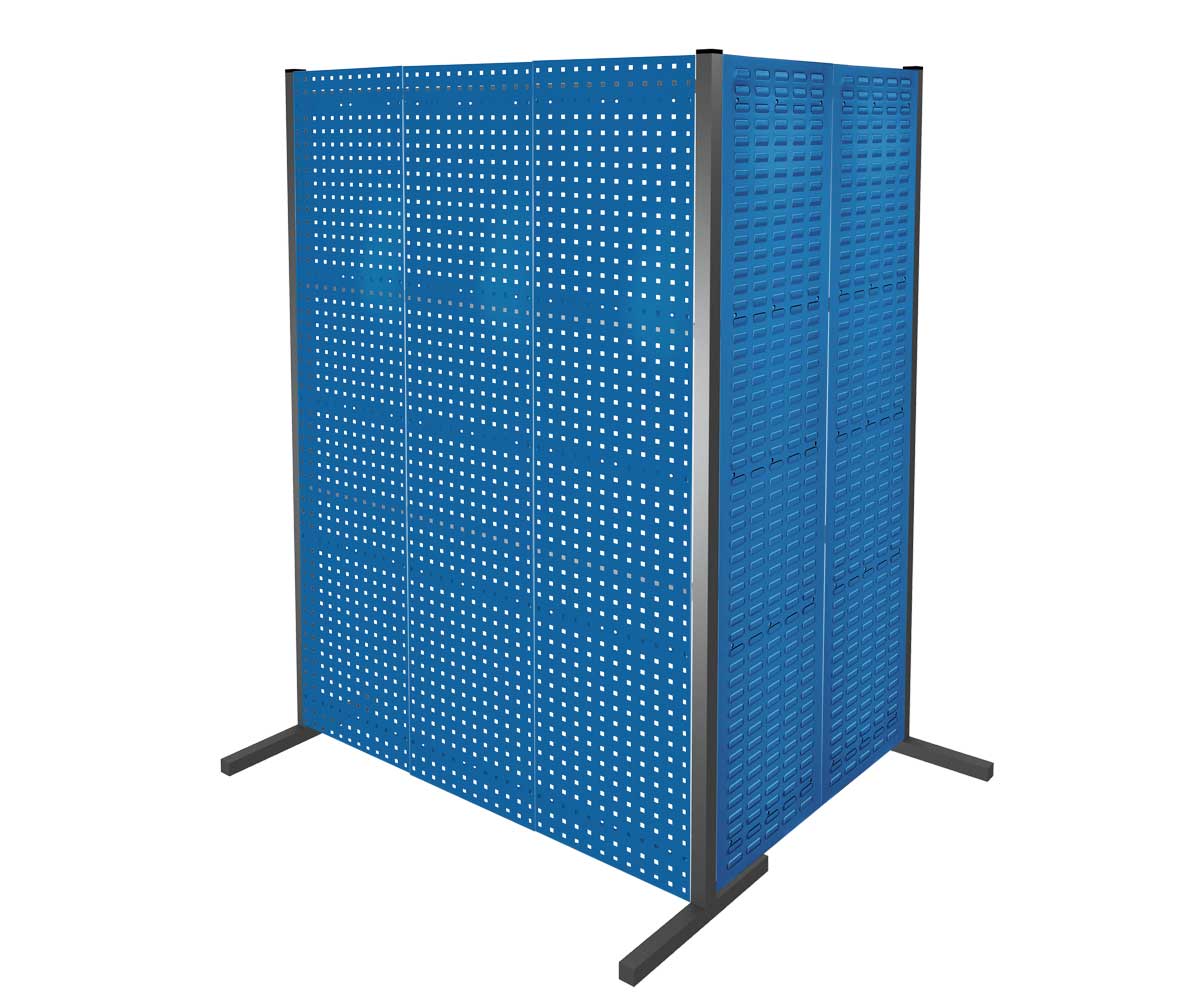 Das ®RasterPlan Trennwandsystem in RAL 5010 bietet flexible Raumaufteilung mit 2000 mm Höhe und 1000/1500 mm Breite, ideal für industrielle Anwendungen.