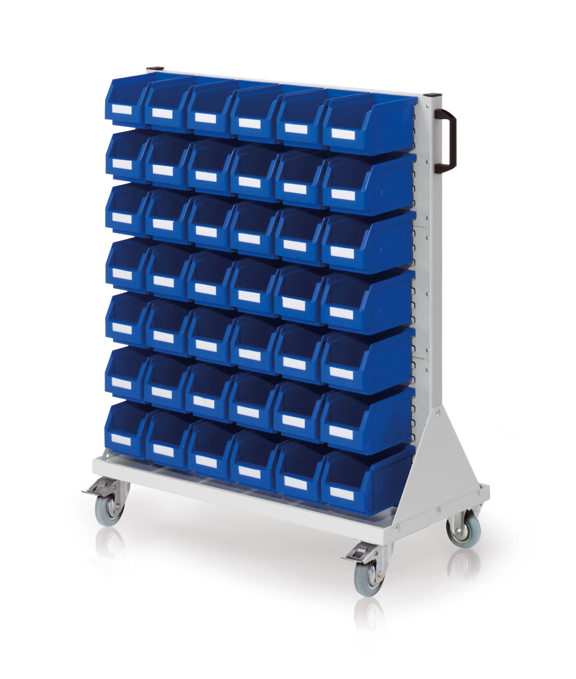 Der RasterMobil Rollwagen Gr. 3 Modell E73 von Kappes Systeme bietet effiziente Lagerung mit 42 Sichtkästen, beidseitigen Modulschlitzplatten und ergonomischen Handgriffen.