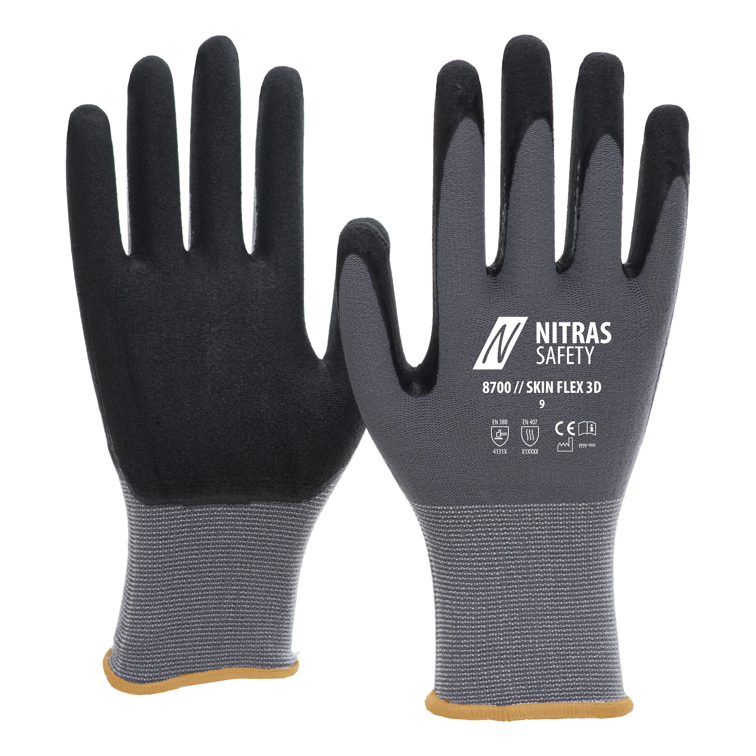 Die NITRAS SKIN FLEX 3D Strickhandschuhe in Grau mit schwarzer Beschichtung bieten Schutz, Komfort und eine perfekte Passform f?r vielseitige Einsatzbereiche.
