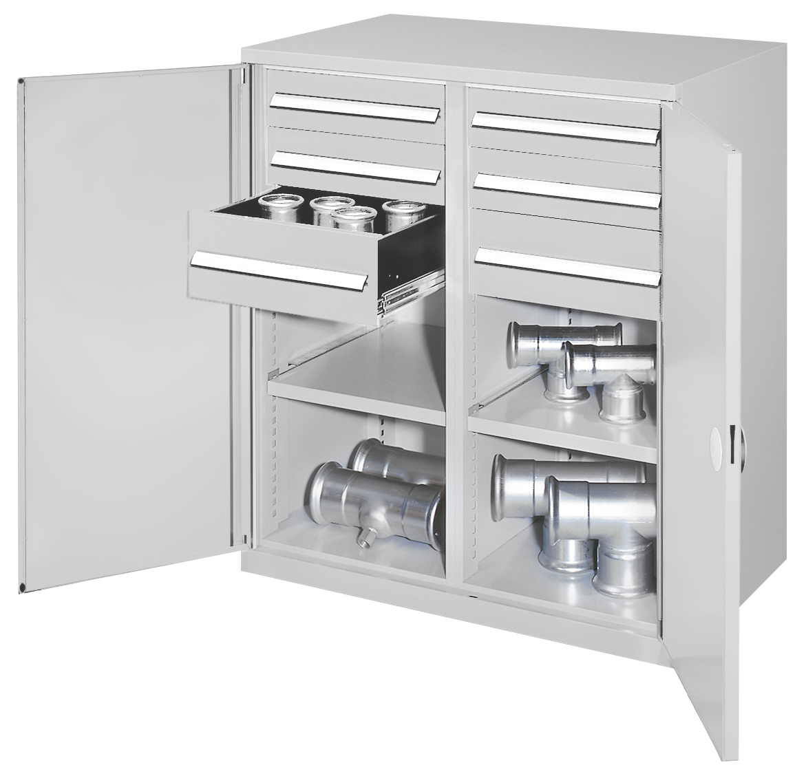 Produktbild des Schwerlast-Beistellschranks Modell 71 von Kappes Systeme GmbH: Robuste Stahlkonstruktion, RAL 7035, mit vielseitigen Schubladen und Fachböden.