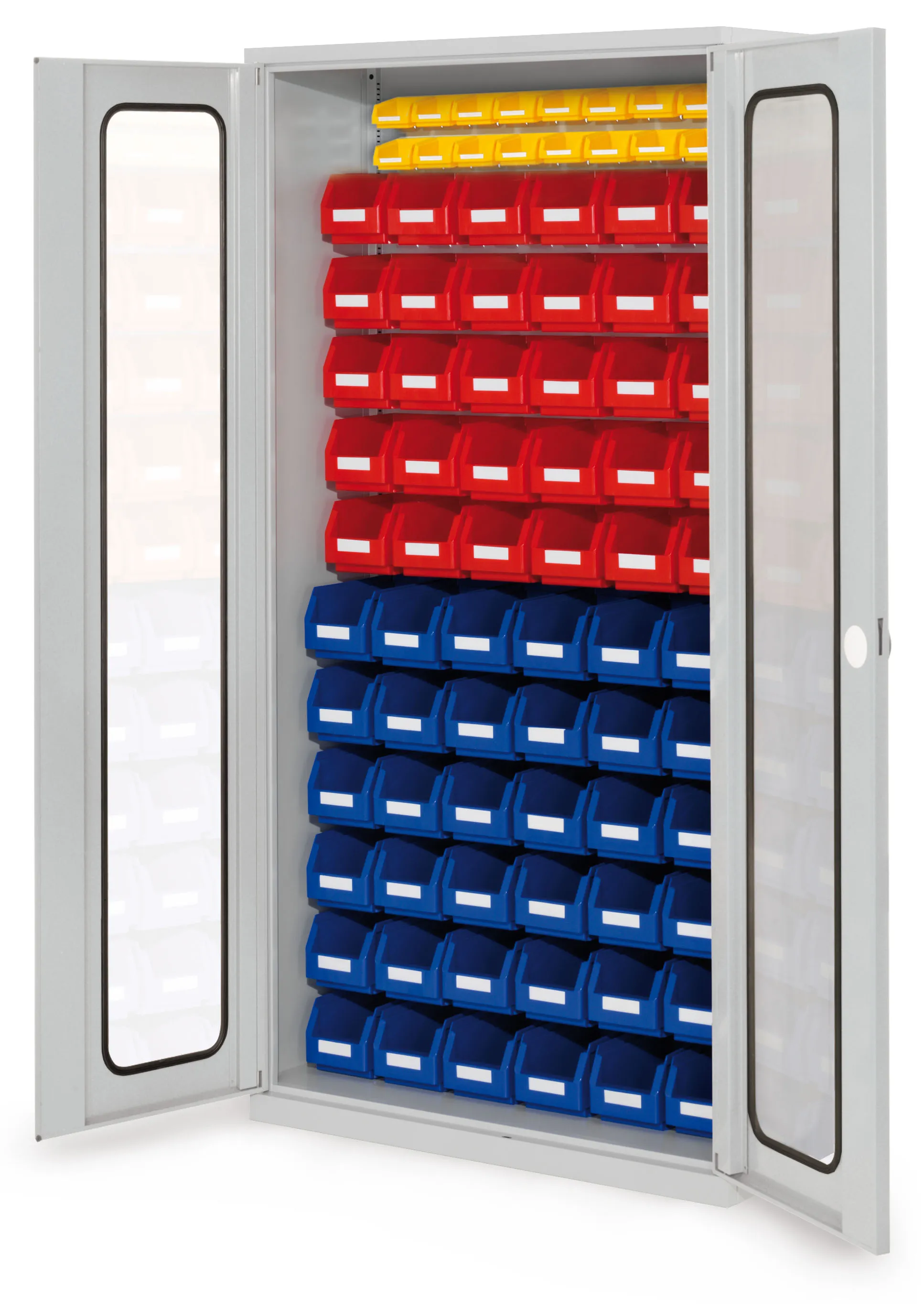 Der ?RasterPlan Schlitzplattenschrank in RAL 7035 bietet mit Sichtfenstert?ren und 82 Lagersichtk?sten eine effiziente L?sung zur geordneten Kleinteillagerung.