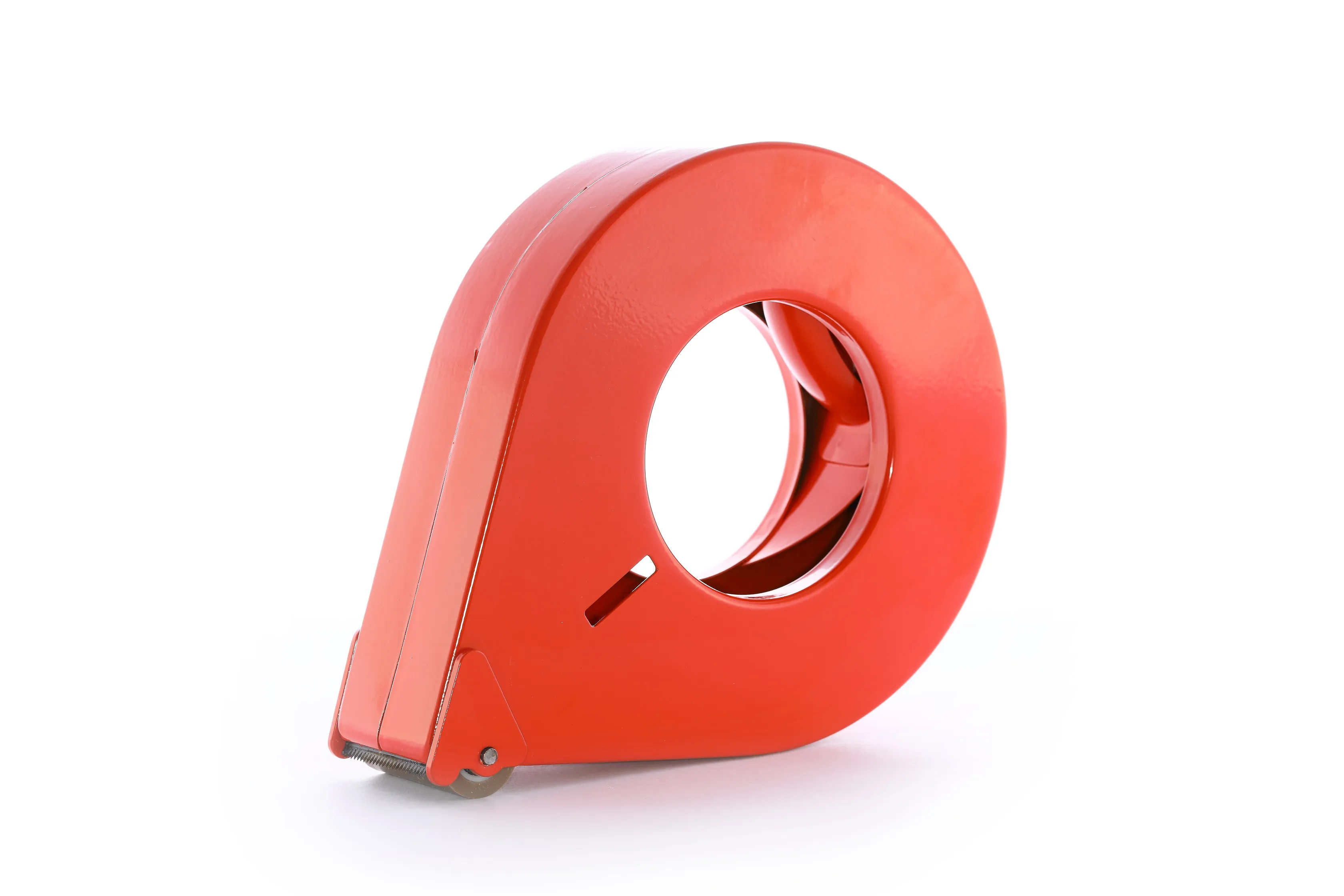 Orangefarbener Handabroller von Traydon GmbH für einseitige Klebebänder, 142 mm Durchmesser, 38 mm Rollenbreite, mit robuster Metallkonstruktion und präziser Schneidklinge.