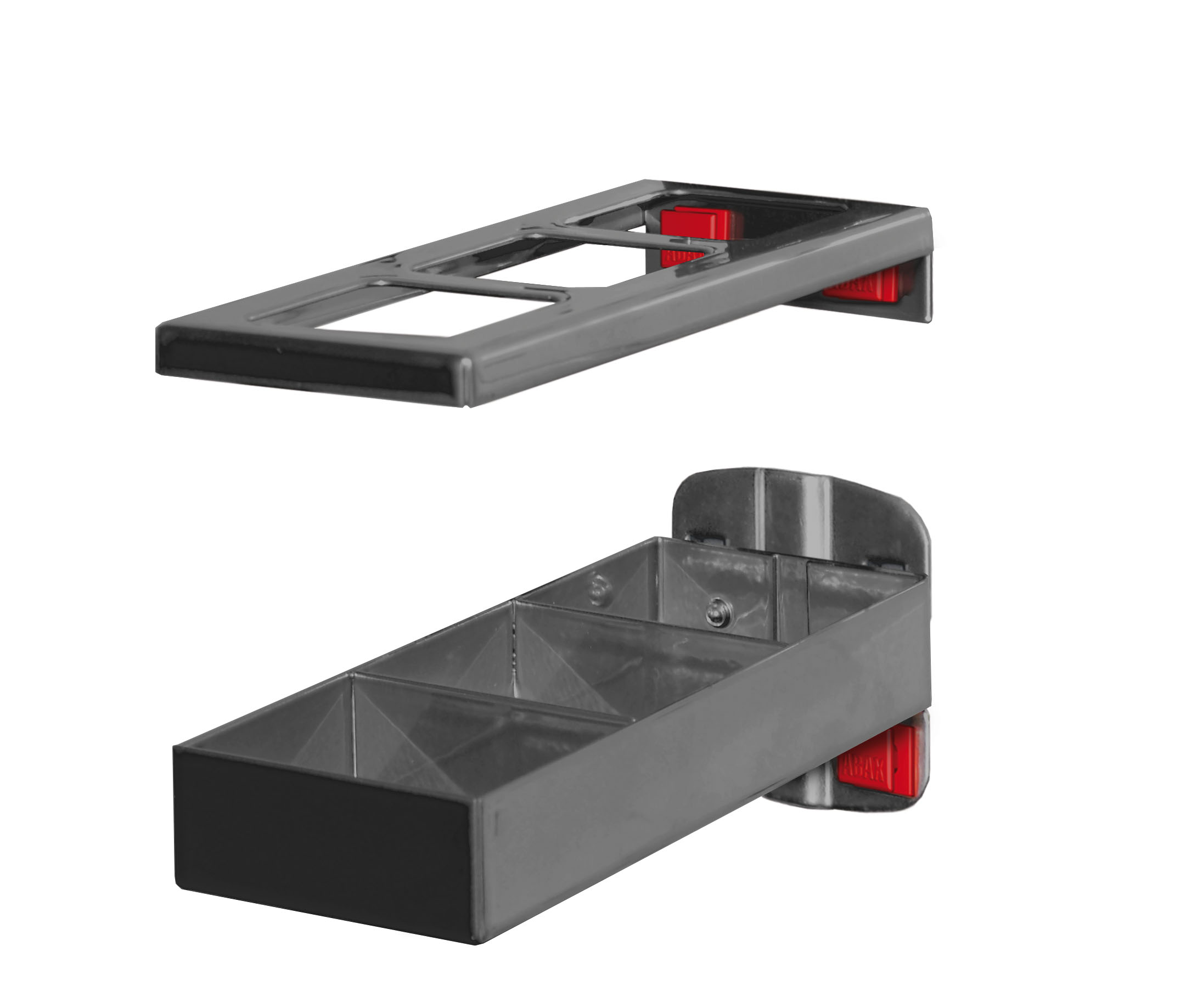Der ABAX® Kombinationshalter in Anthrazitgrau (150x55 mm) ermöglicht eine werkzeuglose Verbindung von ®RasterPlan Haltern, ideal für flexible und sichere Anwendungen.