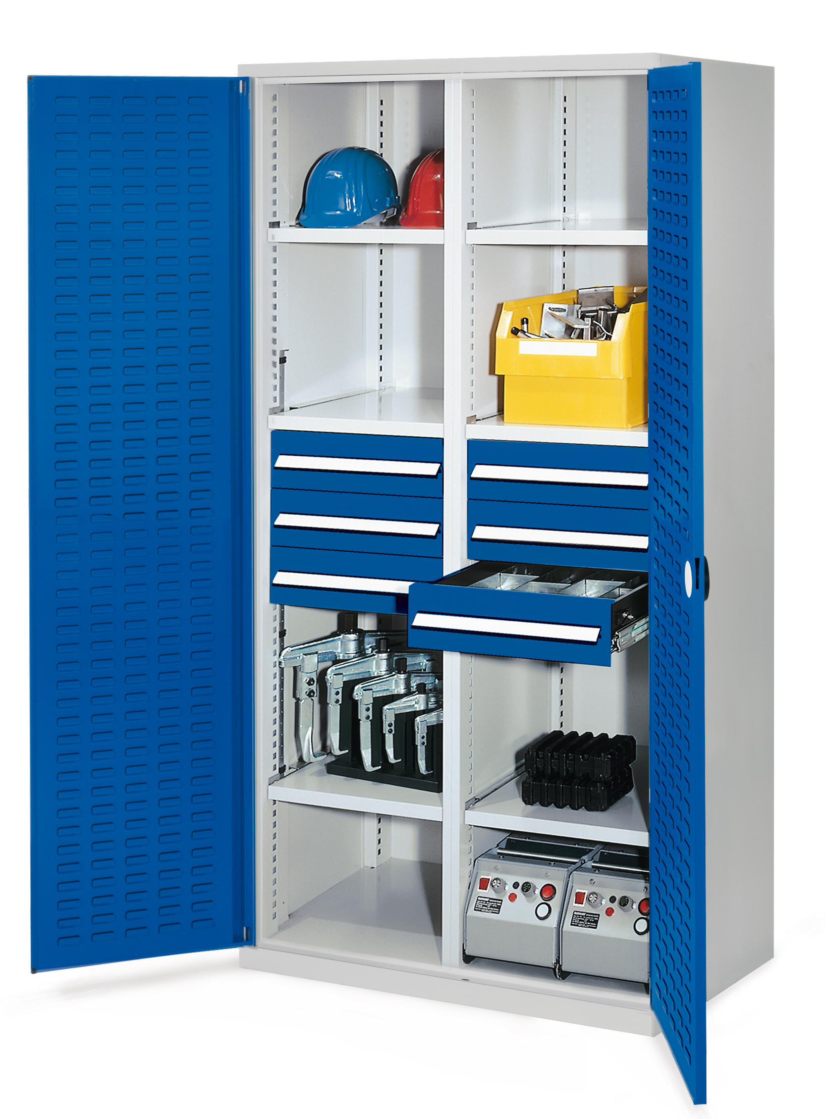 Schwerlastschrank von Kappes Systeme GmbH: Robuste Stahlkonstruktion mit Mitteltrennwand, sechs Schubladen, verzinkten Fachböden und hoher Tragkraft für industrielle Nutzung.
