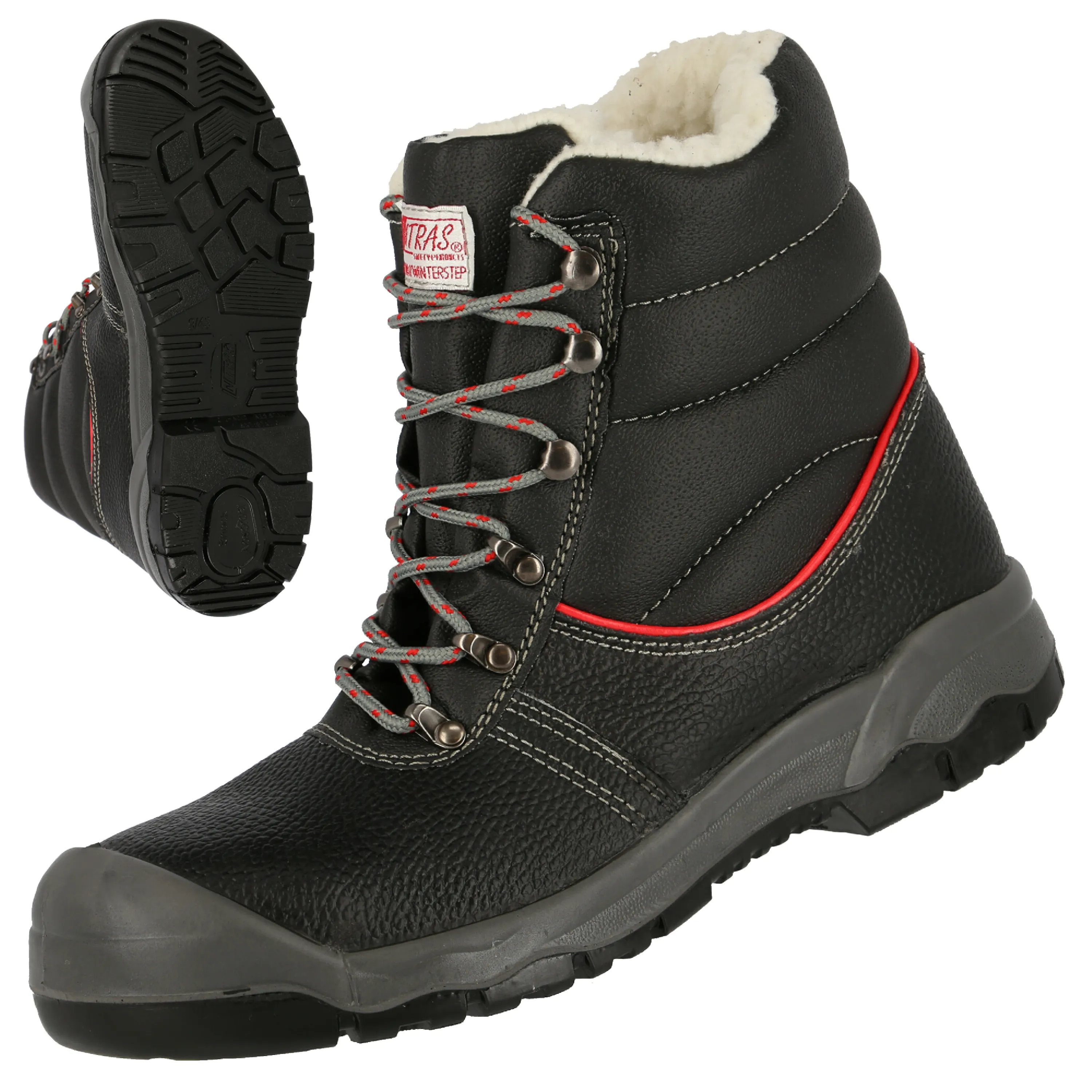 Produktbild der NITRAS STEP MID+ W Sicherheitswinterstiefel aus schwarzem Vollleder mit Stahlzehenkappe, durchstichhemmender Sohle und warmem Winterfutter.