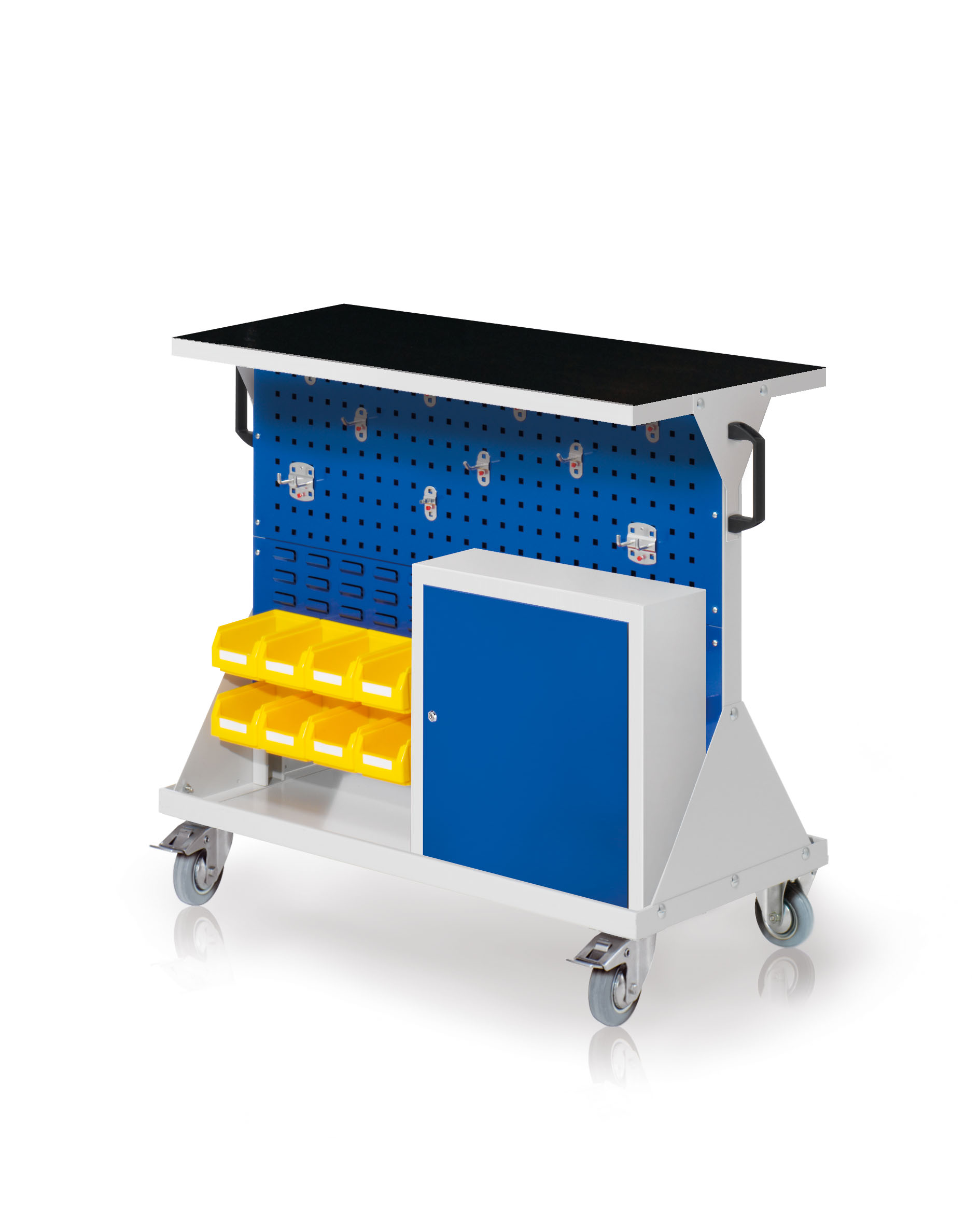 Das RasterMobil Gr. 2 von Kappes Systeme: Robustes, rollendes Lager mit Stahlboden, Werkzeughalterset, Einhängeschrank und Lagersichtkästen für flexible Organisation.