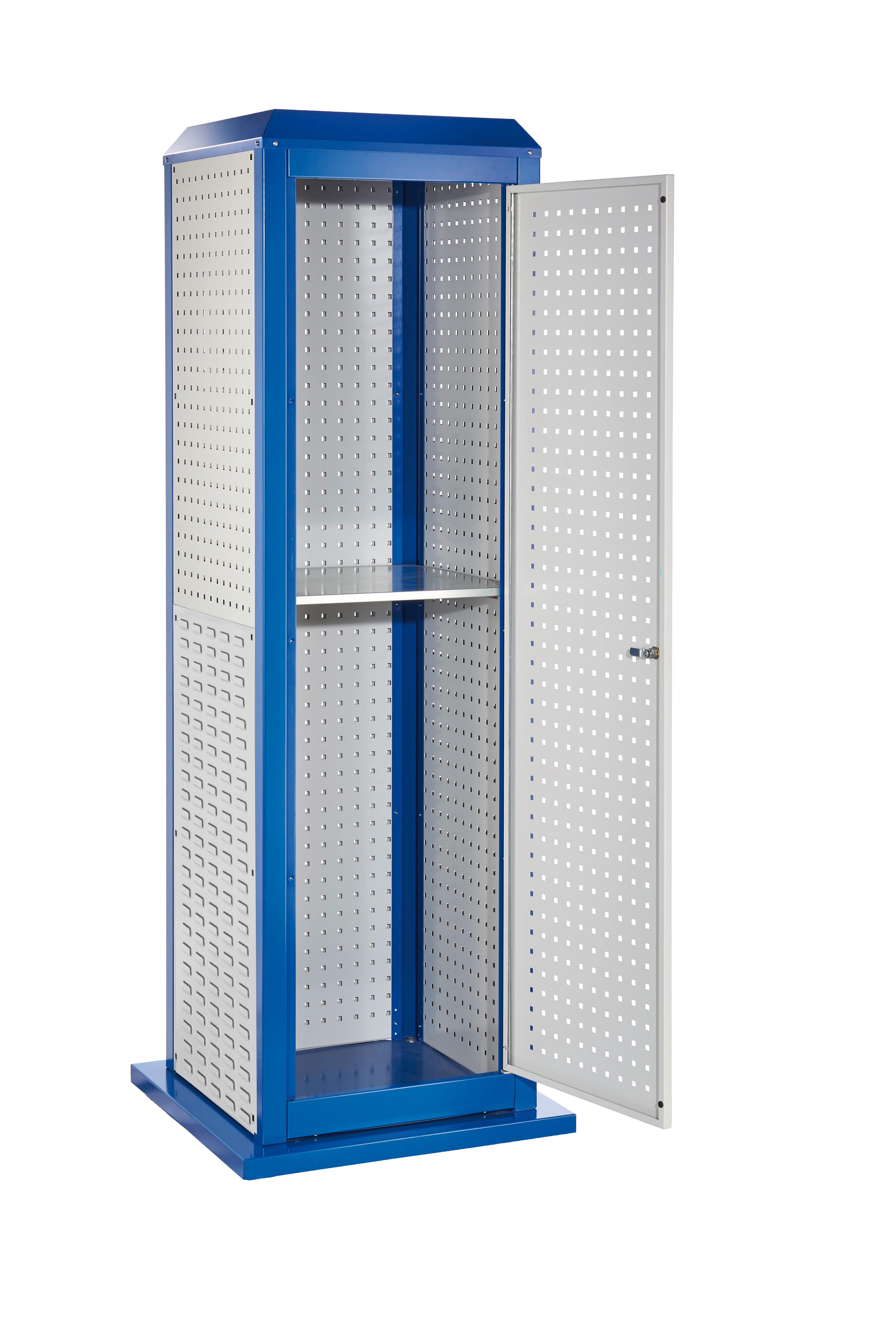 ®RasterPlan ToolTower groß Mod 35 stationär RAL 7035/5010. 2 LP außen groß 1 LP innen groß 1 LP außen klein 1 SP außen klein 1 LP Tür 1 Fachboden.