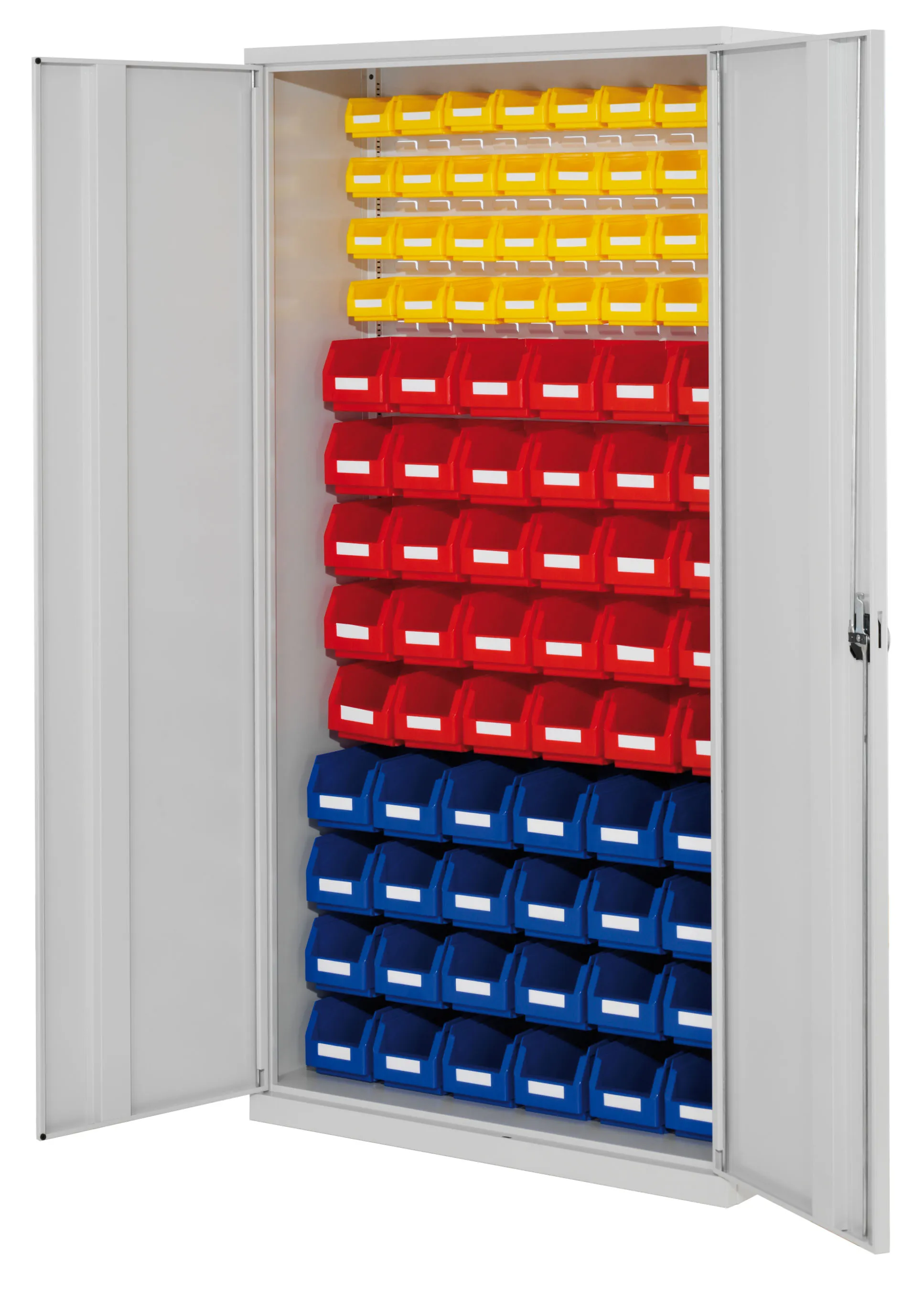 Der lichtgraue RasterPlan Schlitzplattenschrank von Kappes Systeme bietet flexible Lagerung ohne Fachb?den, mit robusten T?ren und Sicherheits-Zylinderschloss.