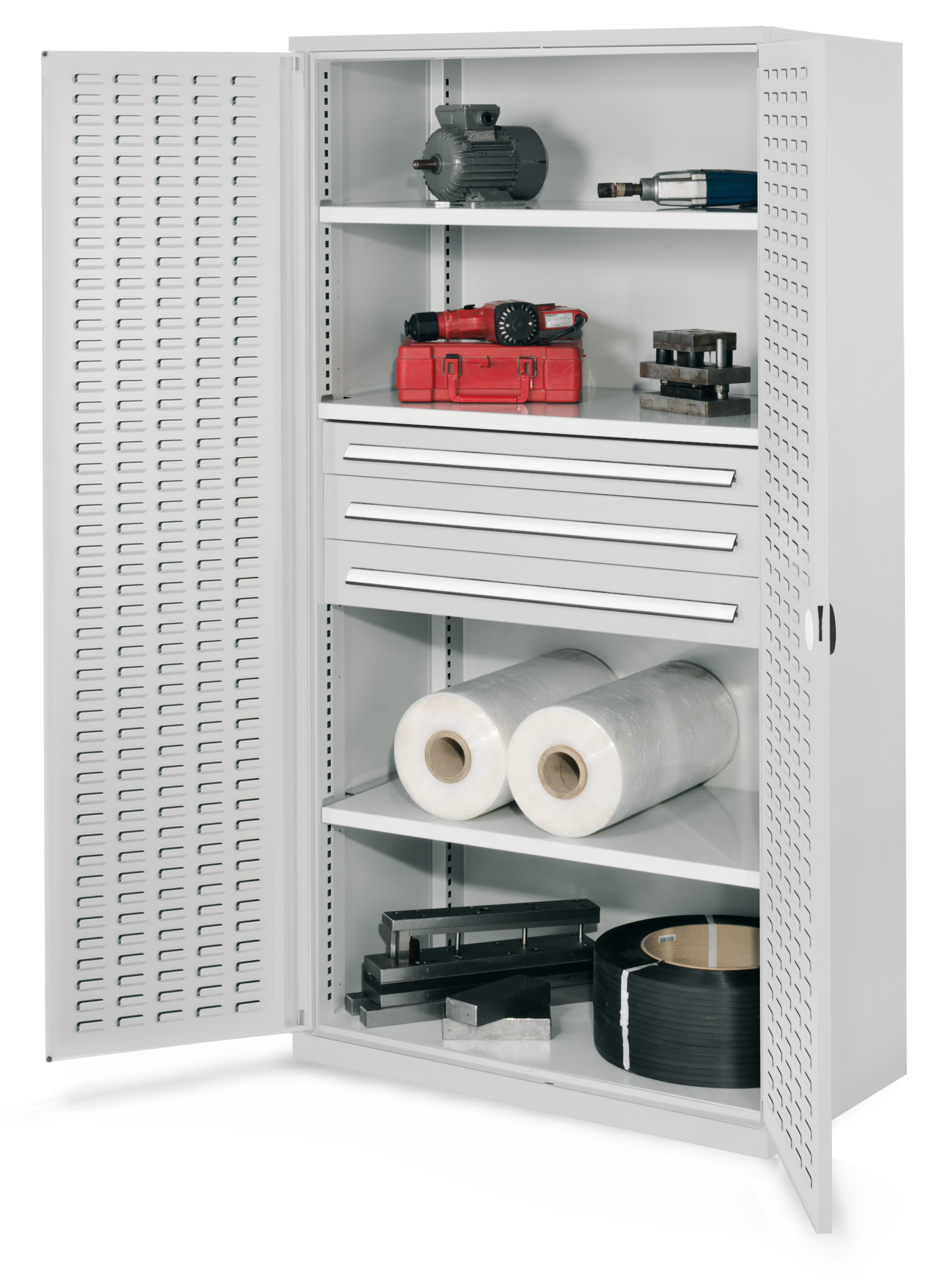 Schwerlastschrank Mod 43 von Kappes Systeme: Robuste Stahlkonstruktion, 1,65 Tonnen Tragkraft, RAL 7035, mit RasterPlan Schlitzplatten und vielseitigen Schubladen.