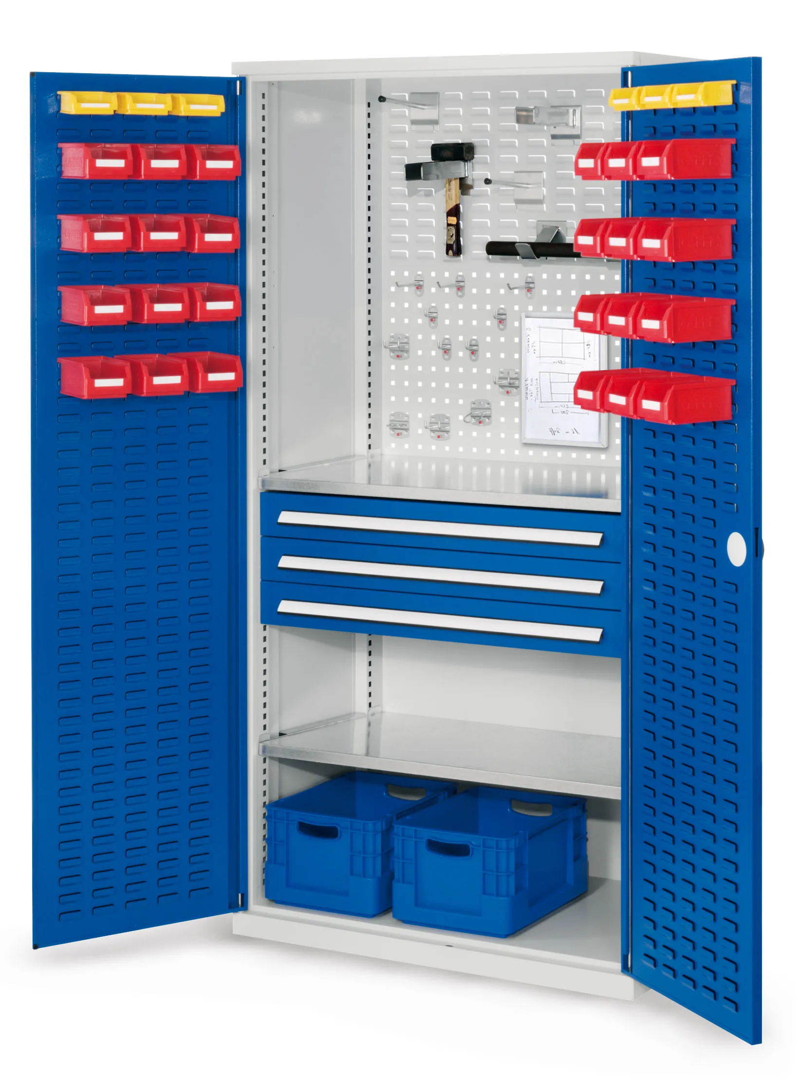 Der RasterPlan Schubladenschrank Modell 22 von Kappes Systeme in Lichtgrau/Blau bietet robuste Lagerung mit Schlitzplatten, drei Schubladen und verstellbaren Fachb?den.