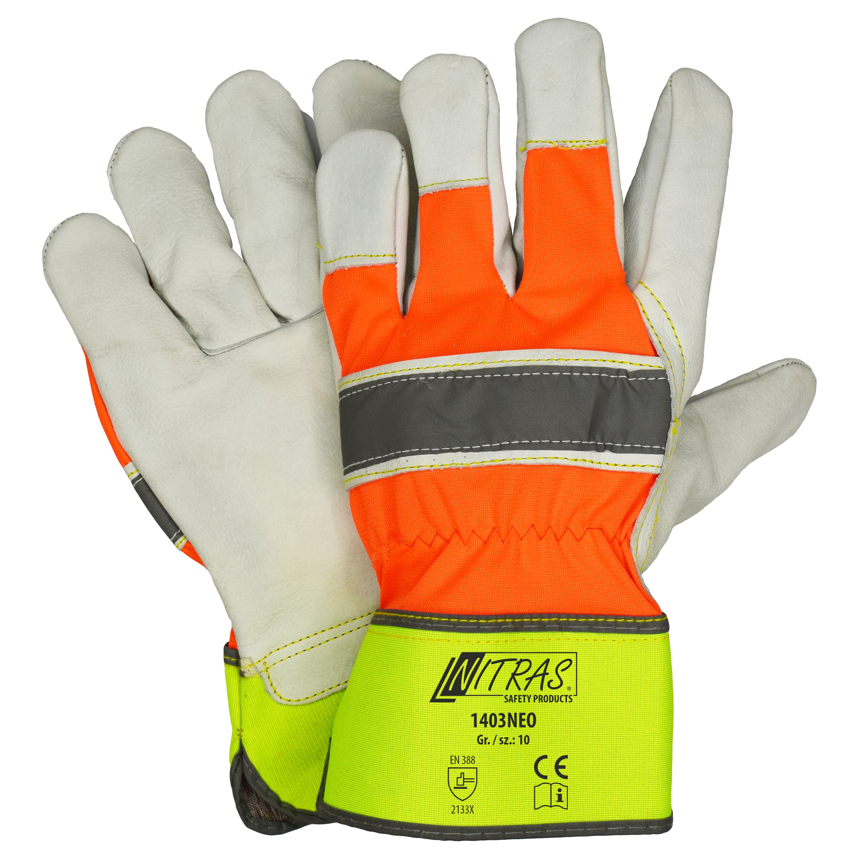 NITRAS Rindvolllederhandschuhe, neonorange / neongelb / grau, EN 388