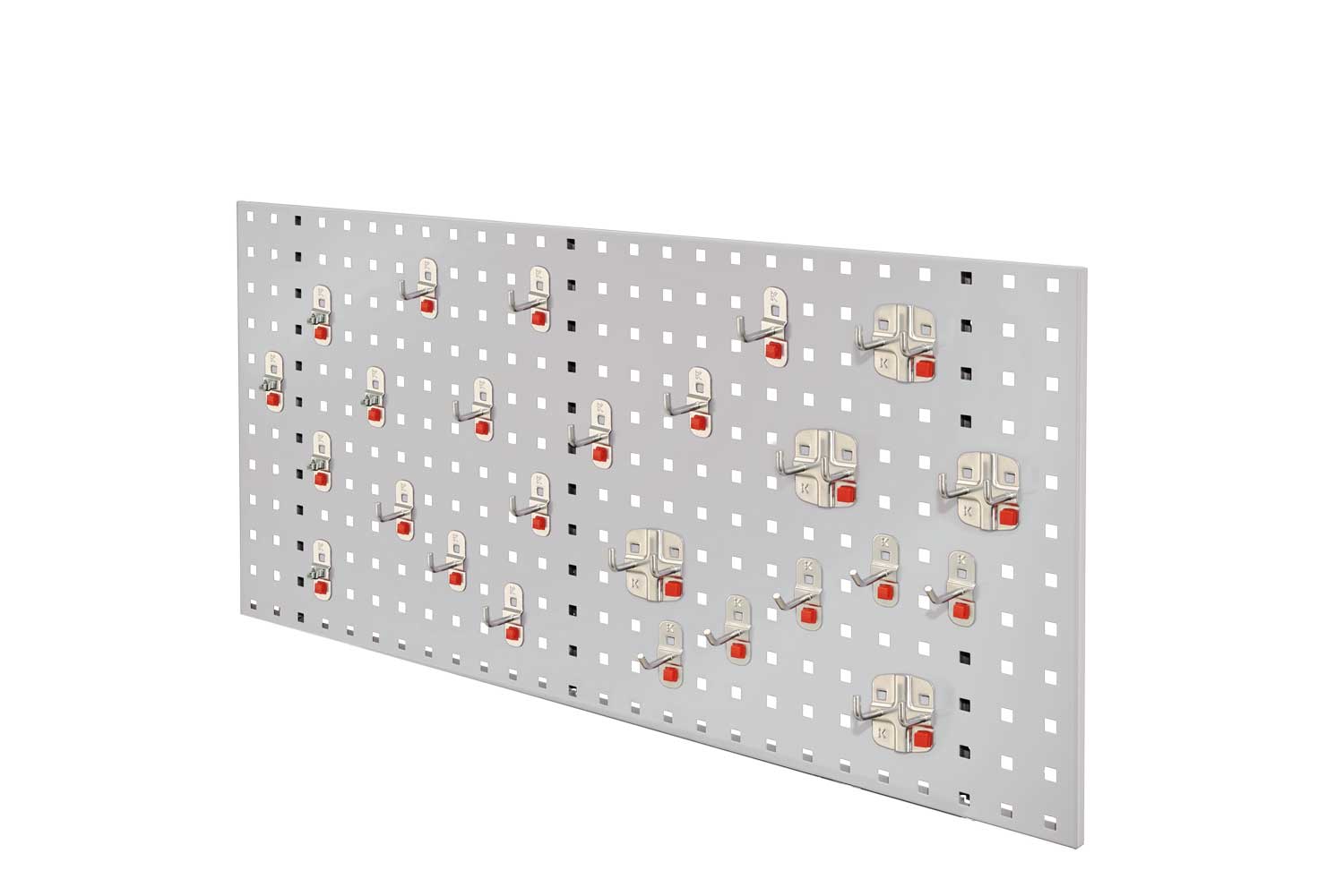 Das RasterPlan/ABAX Einsteigerset 8 in RAL 7035 bietet eine 1000 mm Lochplatte und 25 ABAX Werkzeughalter für flexible, werkzeuglose Montage in der Werkstatt.