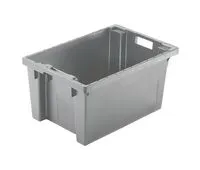 Grauer Drehstapelbehälter von Bekuplast, 600x400x300 mm, aus robustem PP-C. 46 l Volumen, geschlossene Seiten, offene Griffe, ideal für Lagerung und Transport.
